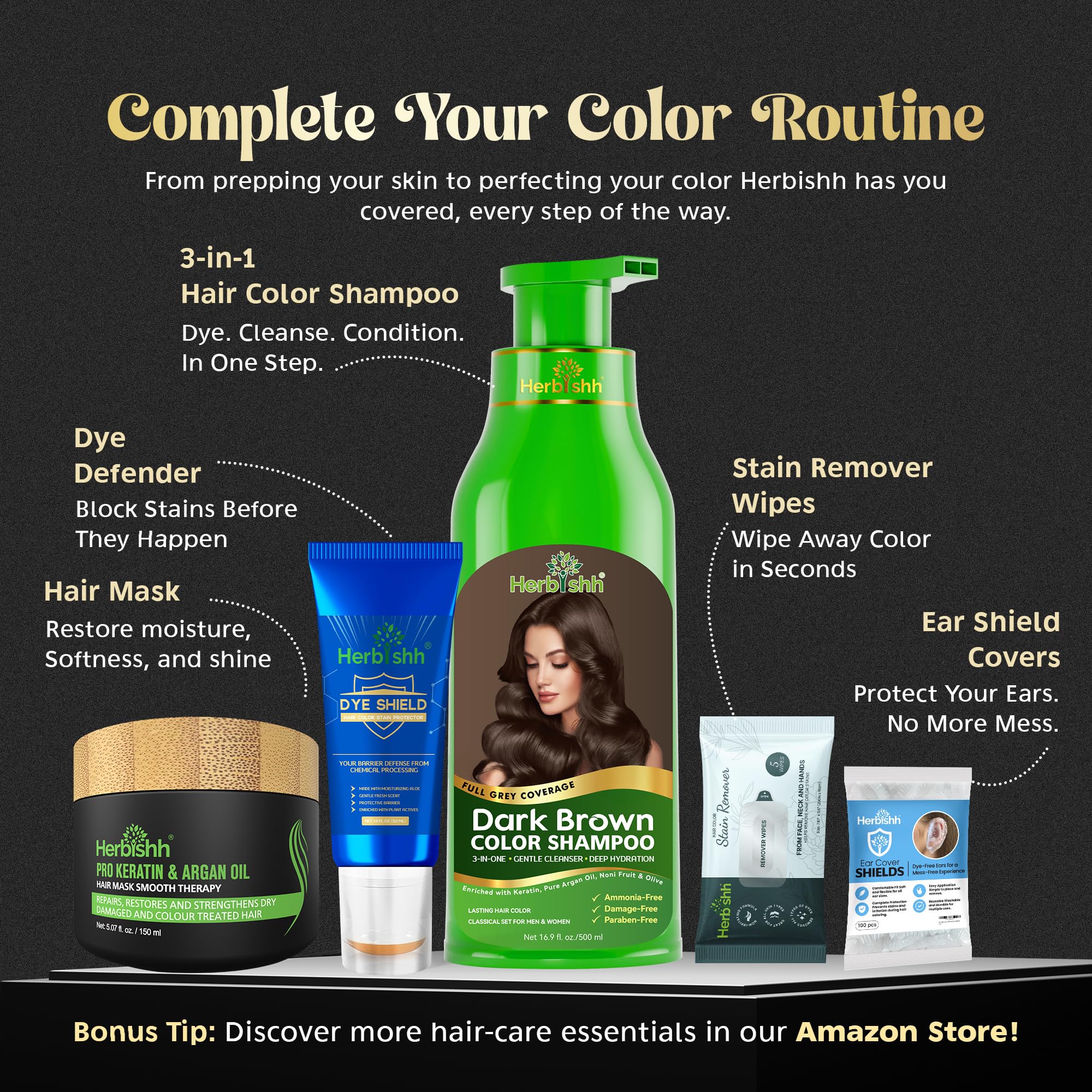 Combo Pack-2pcs Herbishh Hair Color Shampoo for Gray Hair+ 1pc Argan Intense Hair Mask - Colors Hair in Minutes – Long-lasting color– 500 Ml –Stimulates Dry Frizzy Hair (Dark Brown)