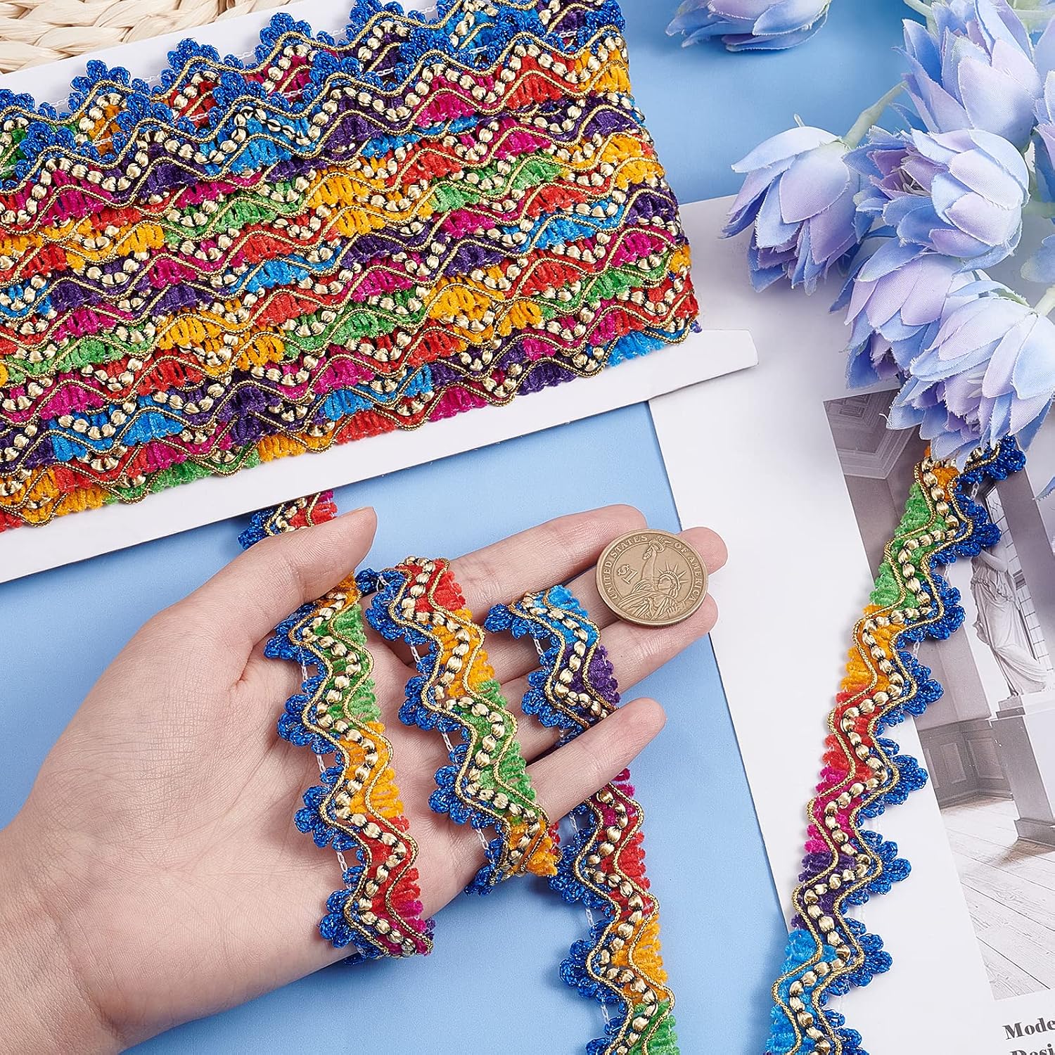 PH PandaHall 1 Inch Braided Trims 9.8 Yards Rainbow Gimp Basic Sewing Polyester Ethic Gradient Color Looped Lace Fan Trim for Home Decoration Curtain Tablecloth Slipcover Bridal DIY Clothing