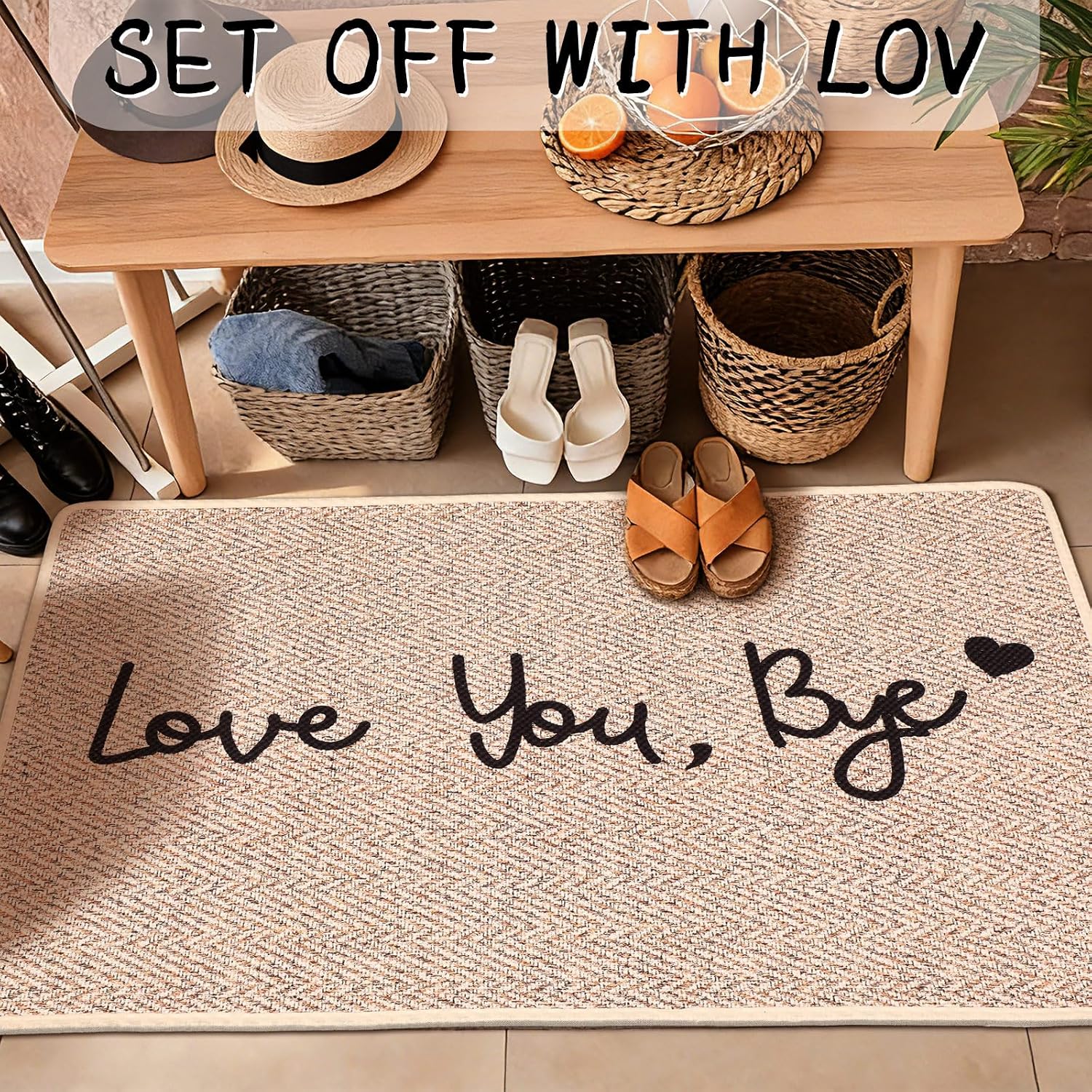 24"x36" Ultra Thin Indoor Door Mat Love You, Bye Boho Farmhouse Art Decor Non Slip Entryway Mat Low Profile Doormat Unique Herringbone Design Carpet Washable for Inside Patio Porch Beige