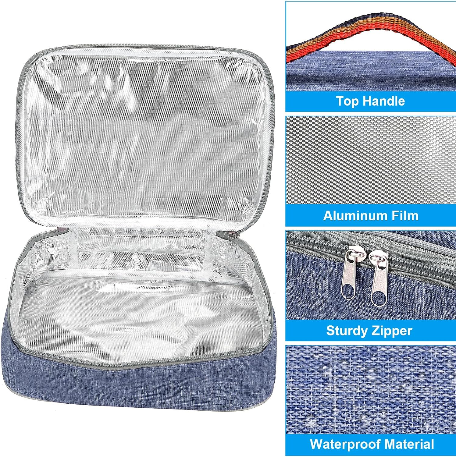PATIKIL 9"x6"x3" Insulated Lunch Bags, Portable Food Containers Bag Flat Bento Bags Reusable Thermal Lunch Pail for Men and Women, Blue