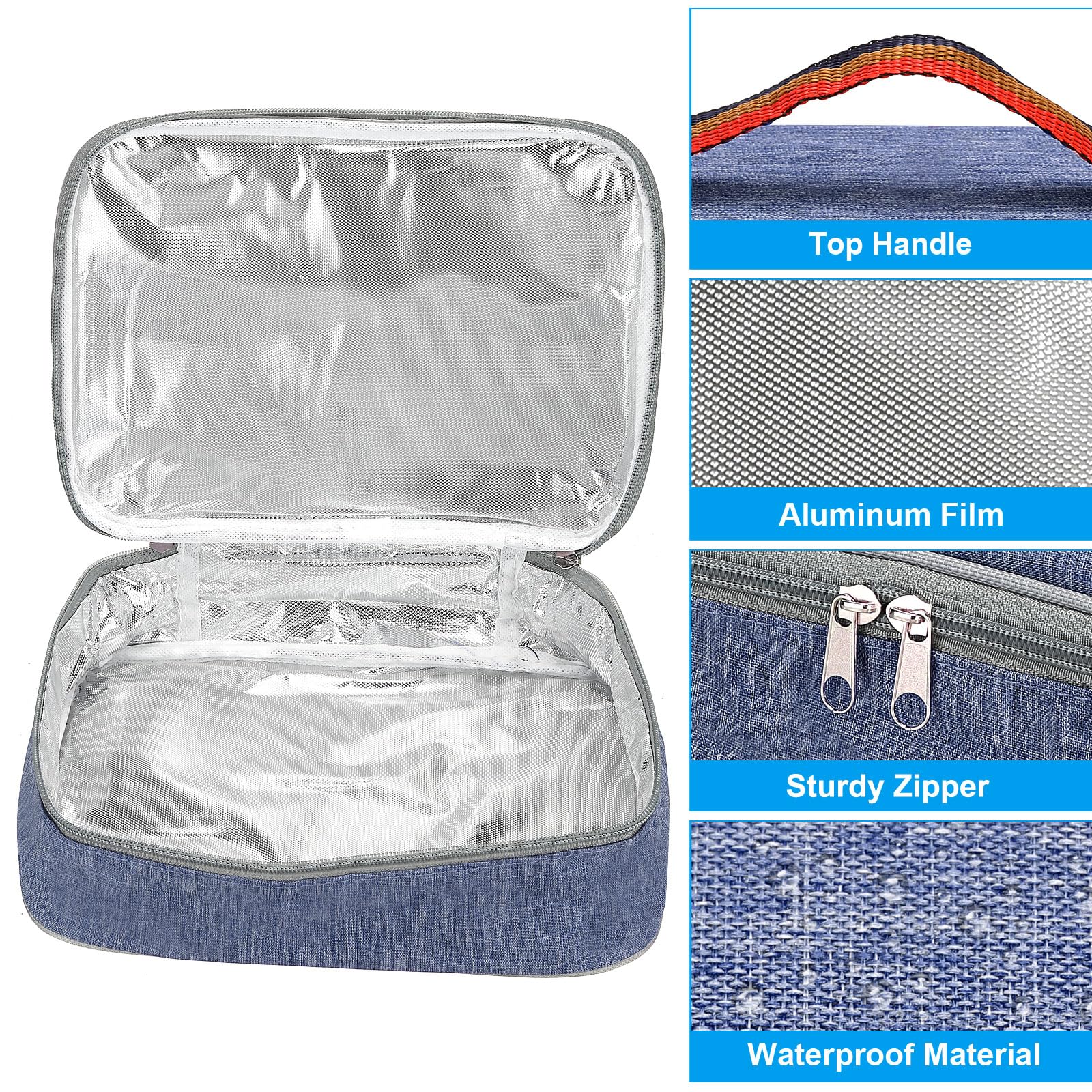 Sacs à déjeuner isothermes 9"x6"x3", contenants Alimentaires Portables, Sacs à Bento Plats, Seau à déjeuner Thermique réutilisable pour Hommes et Femmes, Bleu