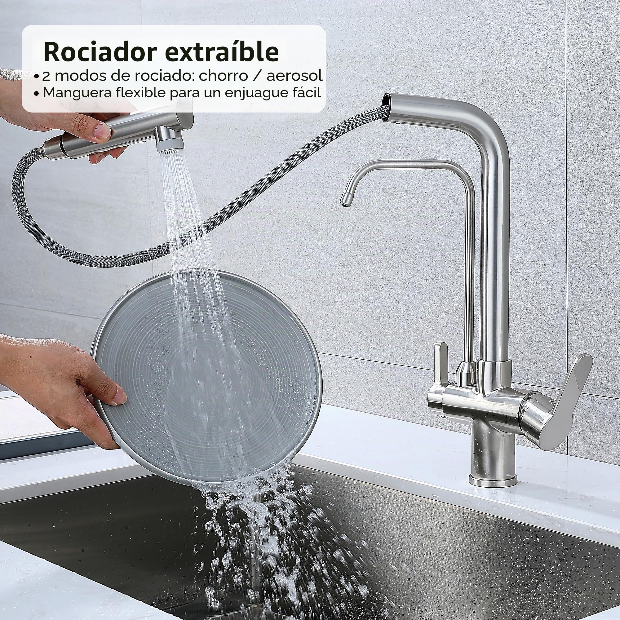 Grifo de Cocina Ósmosis 3 Vías con Ducha Extraíble, Giratorio 360°, Grifo Fregadero 3 en 1 para Agua Fría/Caliente y Agua Filtrada, Grifo para Ósmosis (cepillado)