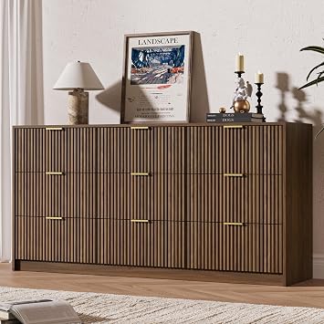 MAISONARIA 63" Wide Fluted 9-Drawer Dresser for Bedroom, Walnut