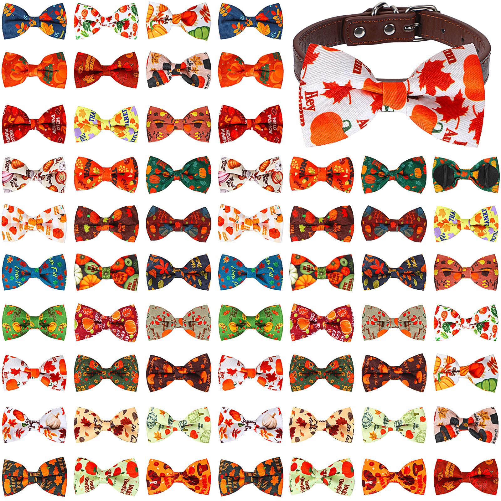 Sweetude 60 Pcs Thanksgiving Day Fall Dog Collar Bow Ties Bulk Thanksgiving Dog Bowtie Detachable Attachment Puppy Bows for Small Medium Large Dogs Cat Grooming Supplies
