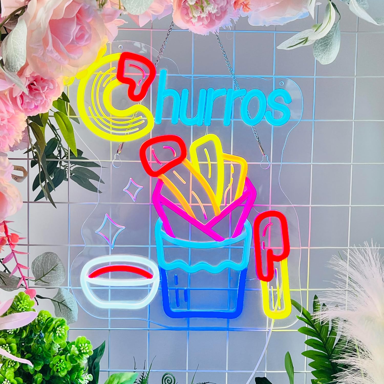 Churros Neon Sign, Neon Lights Hanging Wall Art Decoration for Restaurant Store Food Stand Truck Shop Juice Bar Market Party Home Decor, USB Powered Ultra Bright Dimmable, 15.35 * 12.6inch