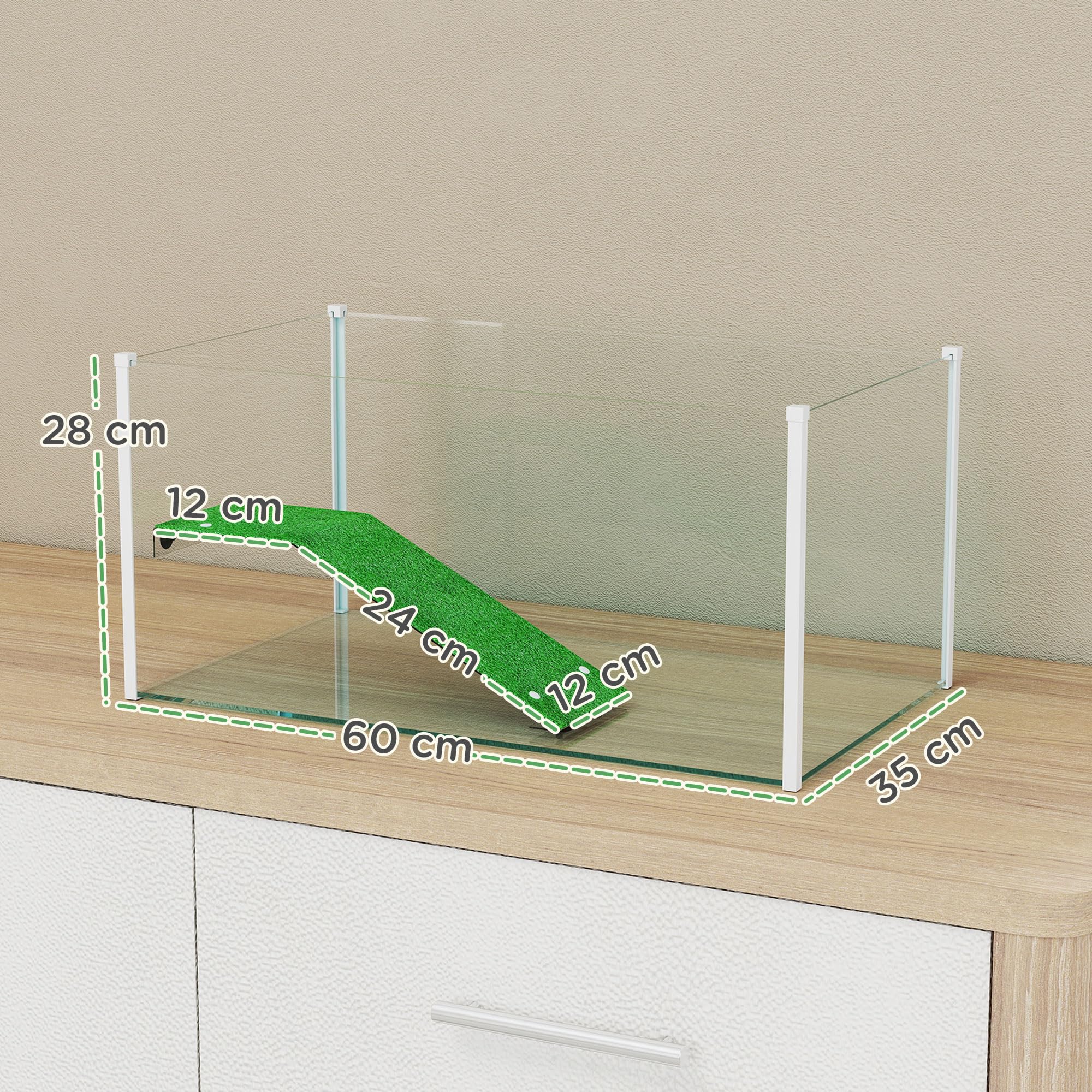 PawHut Acquario per tartarughe, terrario per tartarughe con piattaforma e rampa con superficie in erba artificiale, vista panoramica a 360°, per piccoli pesci, gamberetti, 60x35x28 cm, bianco