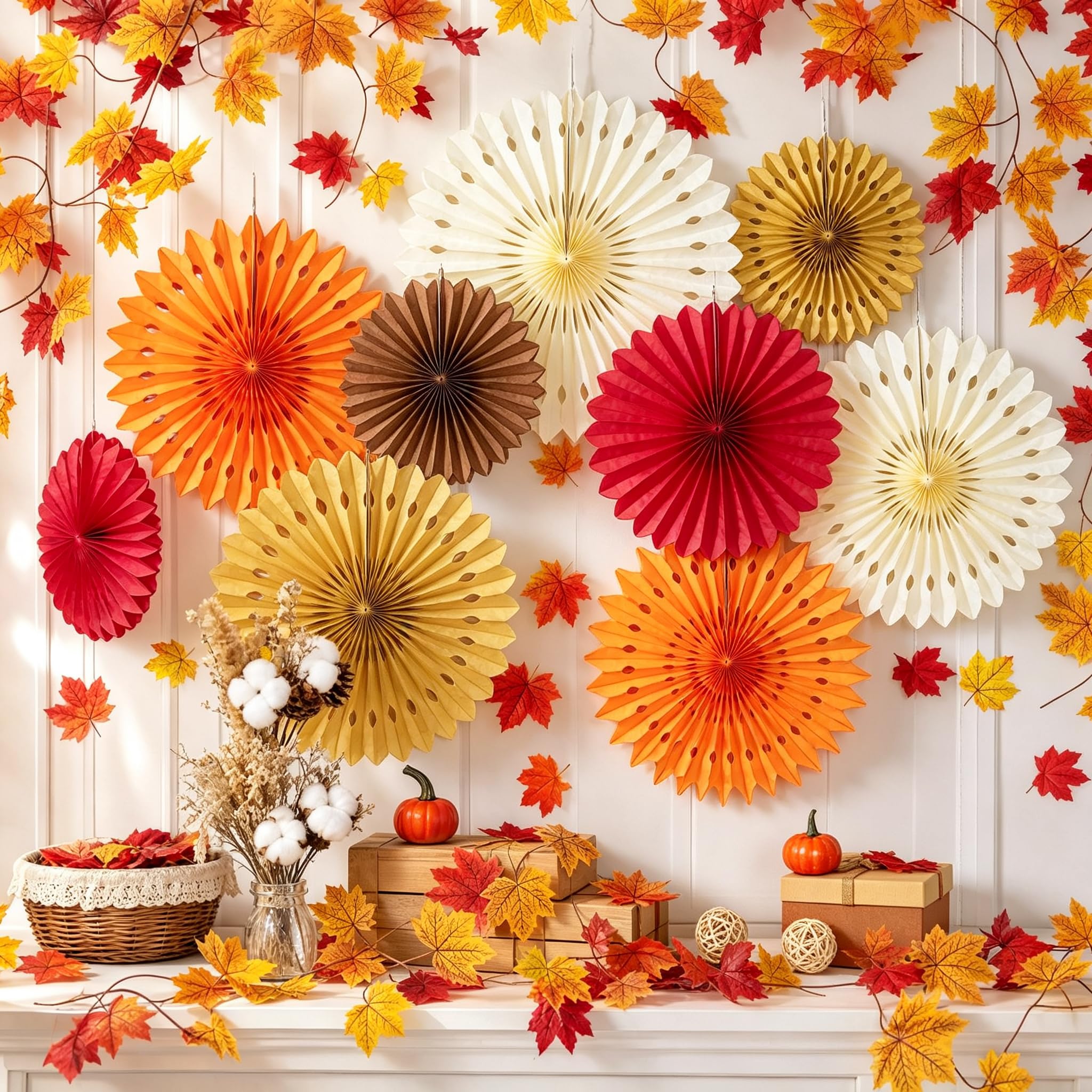 Homarkable Fall Party Decorations, 9 Pcs Fall Paper Fans, 100 Pcs Artificial Maple Leaves and Fall Leaves Garland, Orange, Red, Ivory Colors for Thanksgiving, Harvest, Fall Wedding, Home Decor — image 1