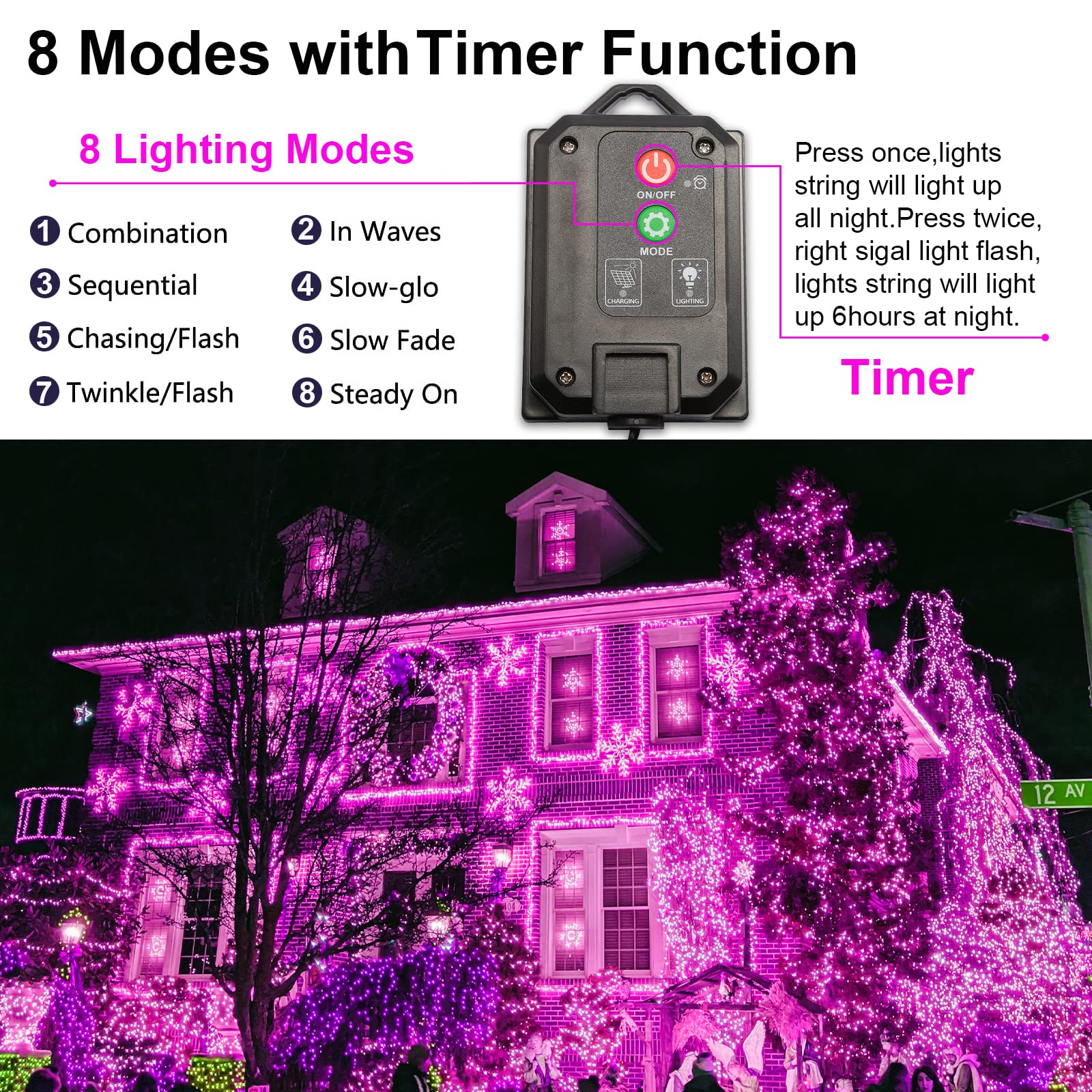 Lot de 2 guirlandes lumineuses exterieure à panneau solaire 200 LED Rose