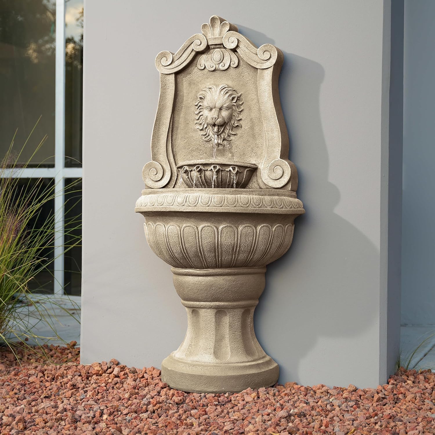 Xbrand 52.4" Sandstone Lion Head Floor Fountain, Two-Tier Outdoor Water Feature, Durable Resin Construction