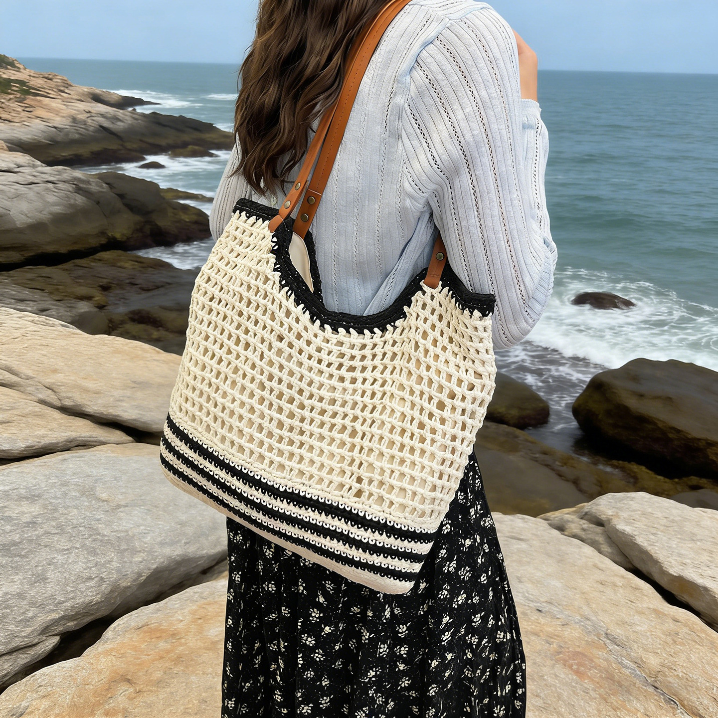 Bolso tote tejido para mujer con cierre y forro miniatura 7