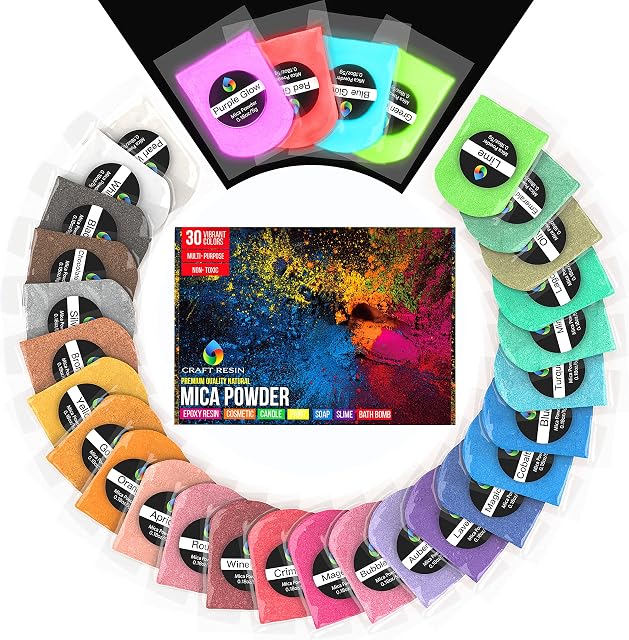 Craft Resin Mica Powder for Epoxy Resin - 100% Natural, Cosmetic-Grade Resin Color Pigment Powder for Epoxy Resin DIY Crafts, Cosmetics, Soap - Cruelty-Free & Non-Toxic (26 Solid Colors, 4 Neon Glow)