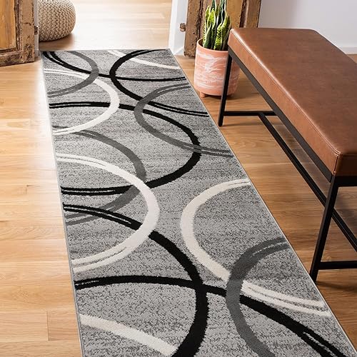Rugshop Wavy Circles Design Runner Rug, Fade-Resistant Carpet for Hallway, Kitchen, or Entryway, Gray, 2' x 10'