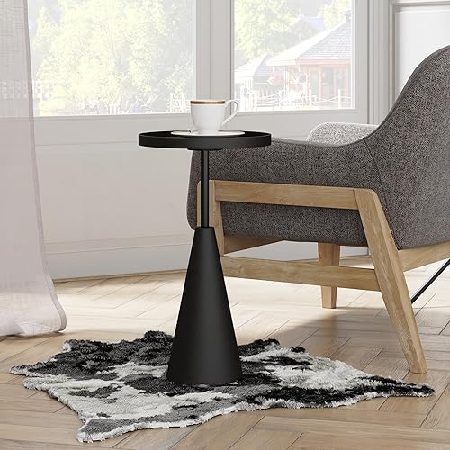 Miniatura 8 de COZAYH Mesa auxiliar redonda moderna con bandeja de borde elevado, mesa auxiliar de madera con base de madera de goma para sala de estar, entrada,