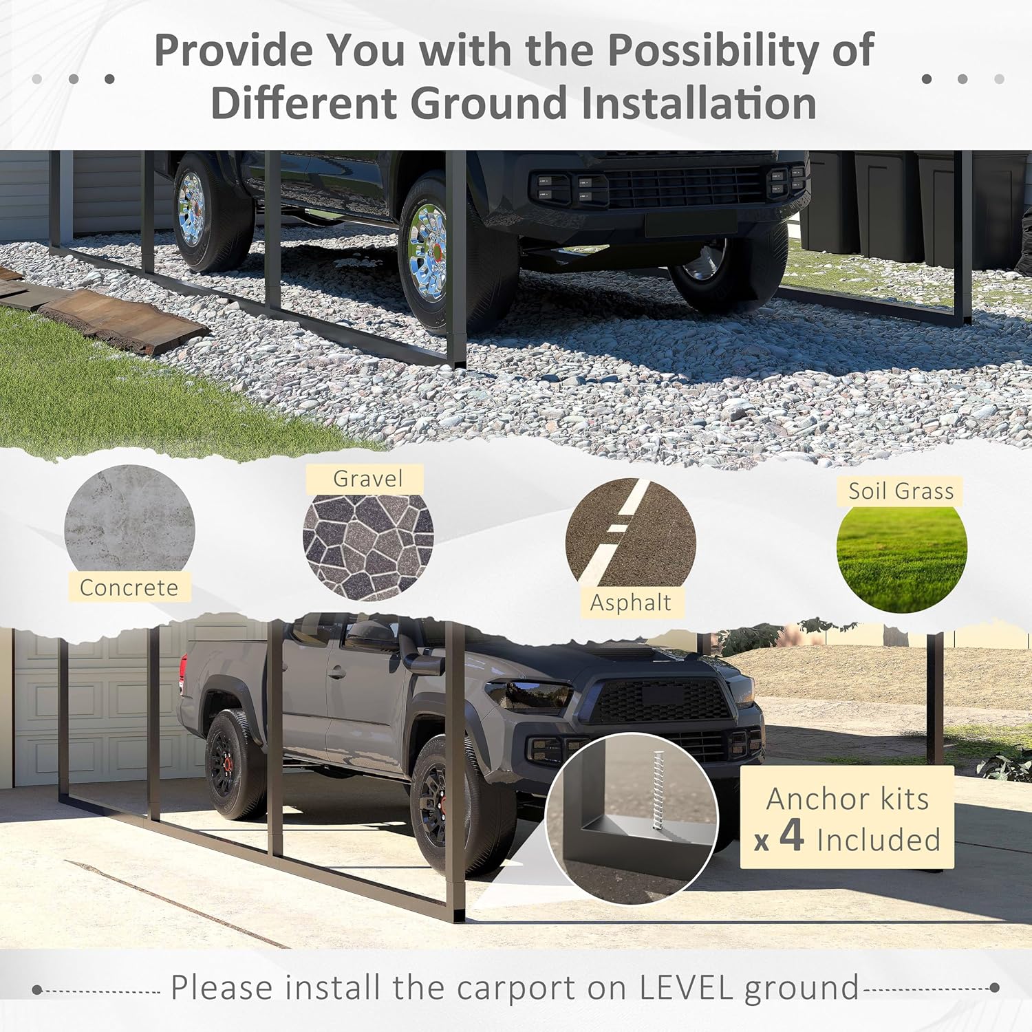 Carport anchor kit options for various ground surfaces
