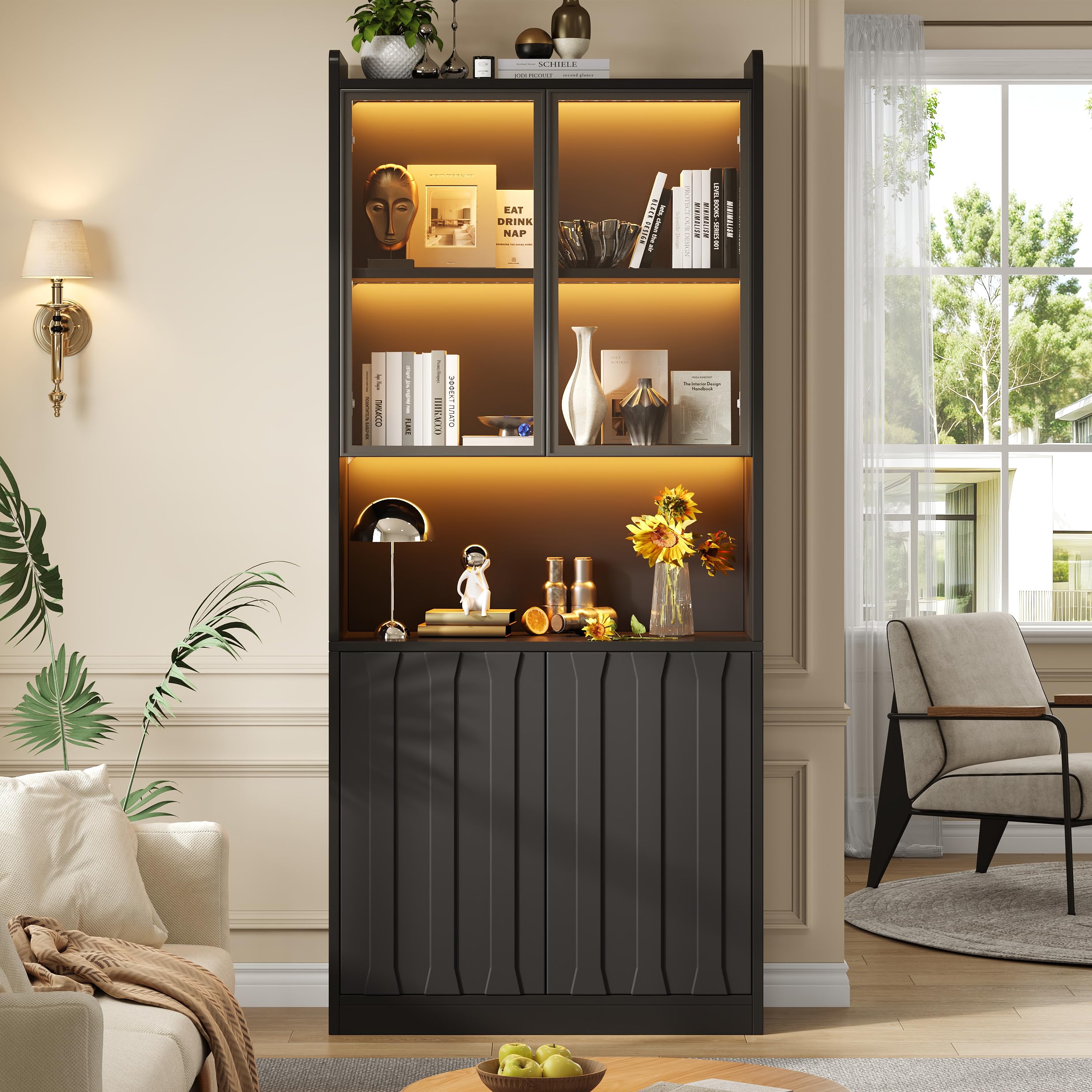 Azkoeesy Vetrina Alta 80x35x200 cm, con Ante Vetrate e LED, Nero