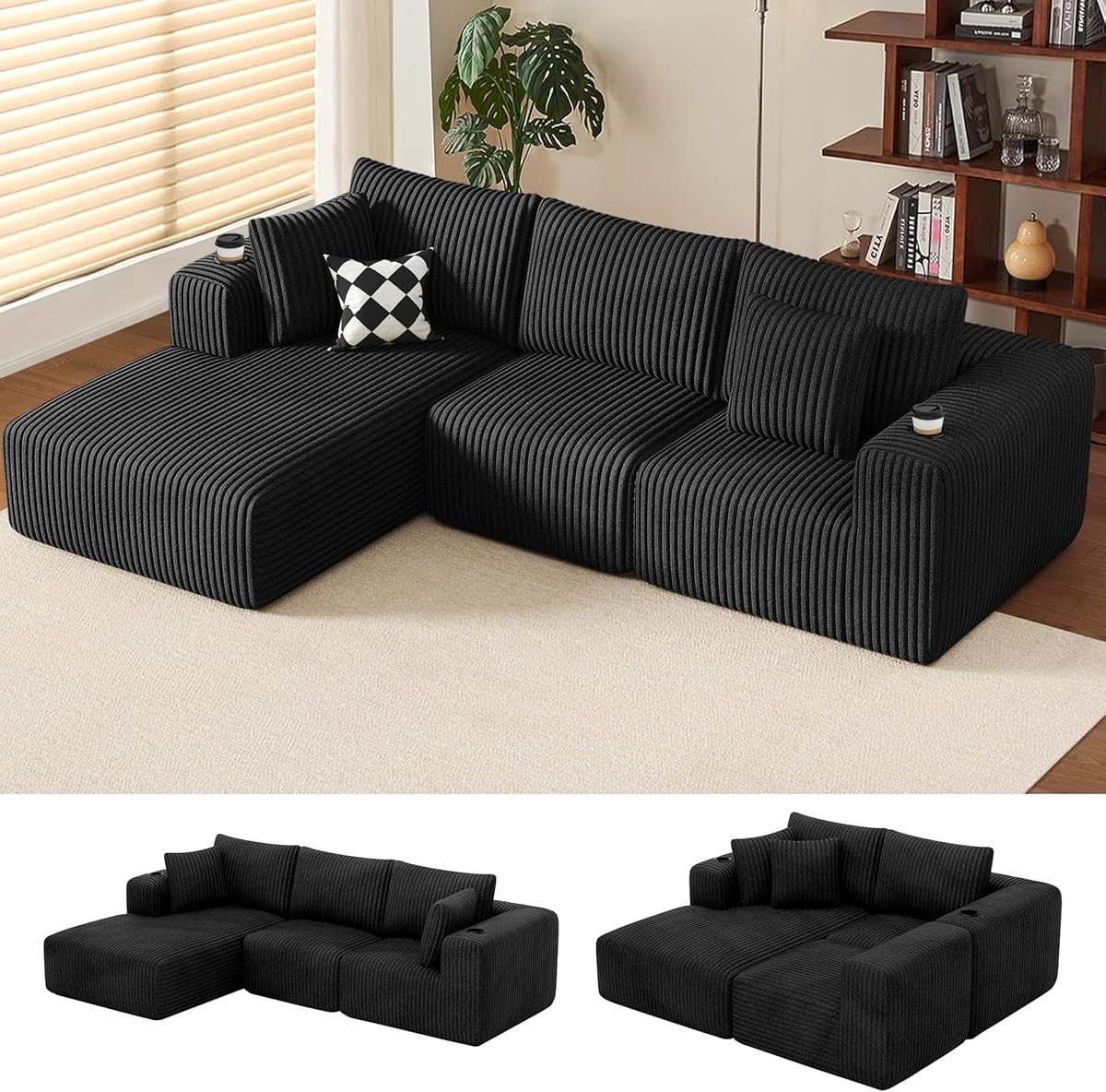 DURASPACE 108" Sectional Couch L Shaped Sofa Boneless Foam Cloud Couches with Chaise, Fluffy Plush Corduroy Modular Couches for Living Room (Black, Left Facing Chaise)