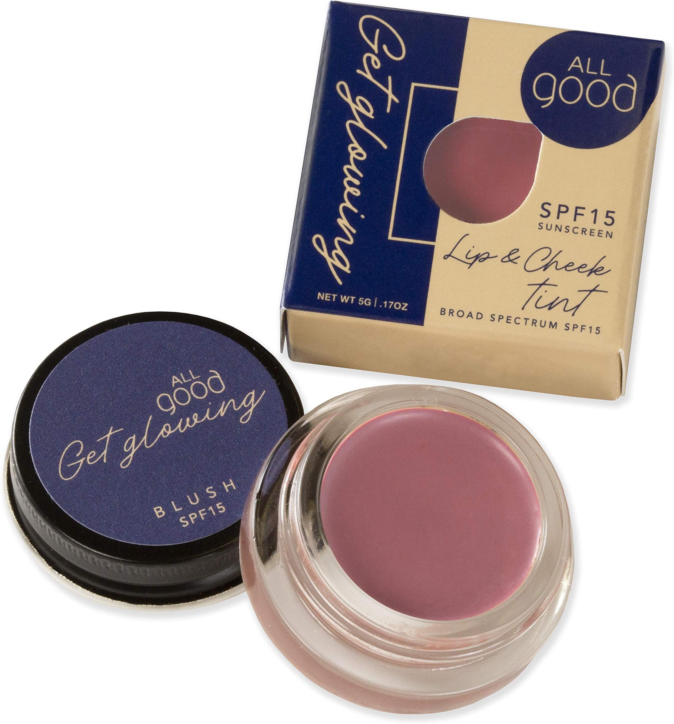 All Good Get Glowing Lip & Cheek Tint - SPF 15 Vegan Mineral Face Makeup Tinted Balm, Cream Blush, Organic Sustainable Botanical Ingredients (Blush)
