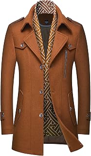 Men's Mid-Length Slim Fit Pea Coat Winter Wool Jacket Trench Coat With Detachable Soft Touch Wool Scarf
