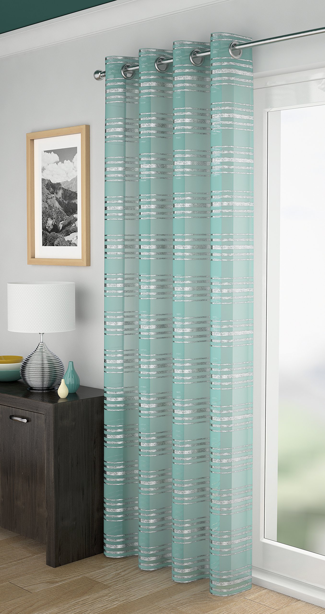 Ians Emporium 1 x LEON Shimmer Metallic Sparkle Stripe Eyelet Ring Top Header Net Voile Panel - DUCK EGG - 55" W X 72" L - Curtains At Home