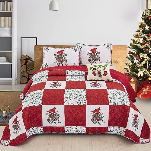 WONGS BEDDING Juego de edredón de Navidad tamaño King (90 x 103 pulgadas), ropa de cama con patrón de bayas rojas y cardenales, colcha acolchada