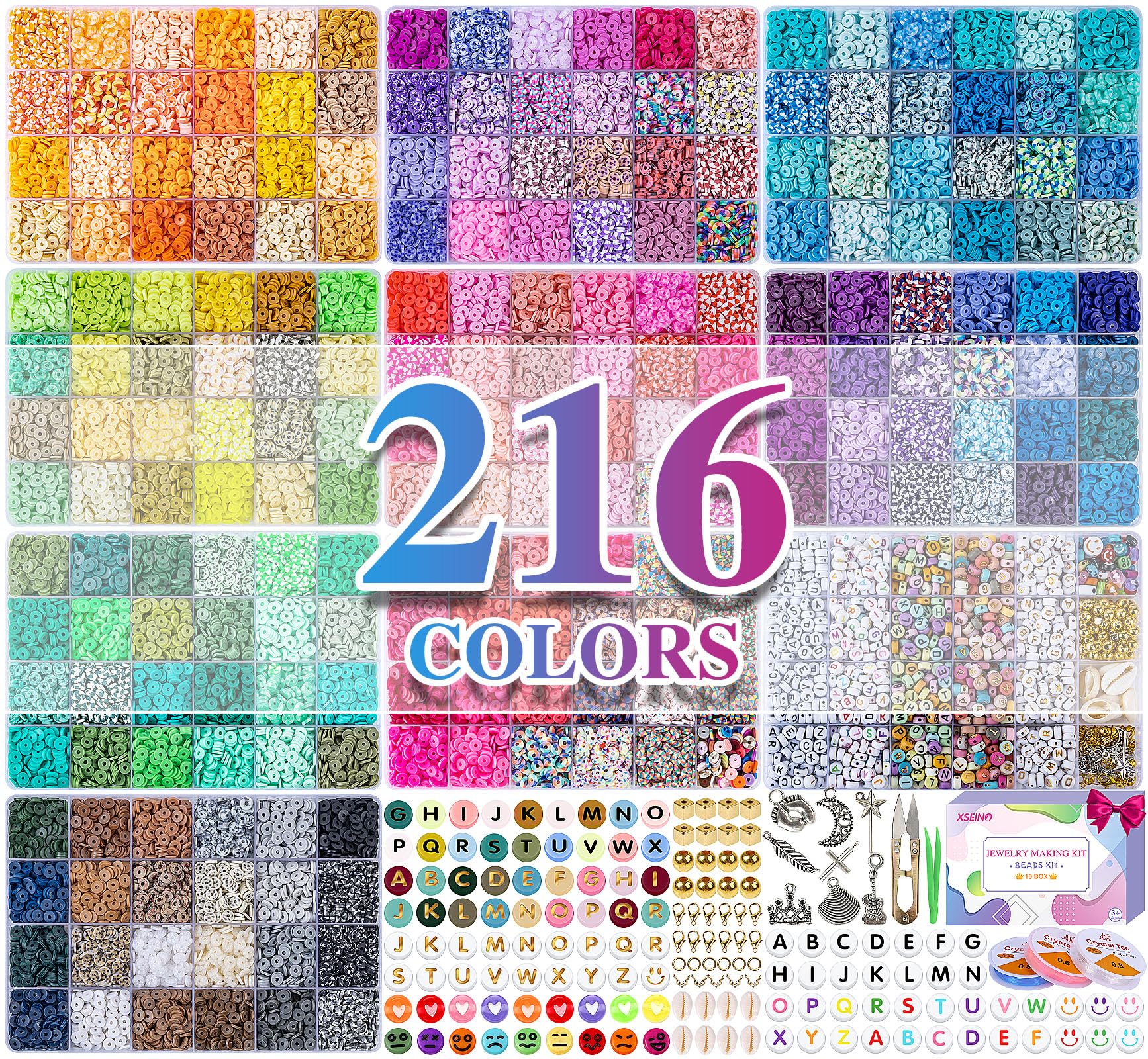 XSEINO 46000Pcs Clay Beads Bracelet Making Kit - 216Colors 10Boxes Polymer Clay Beads, 5 Styles Letter Beads?with Rich Jewelry Making Accessories and 3 Rolls Crystal Cord, for Crafts Christmas Gifts