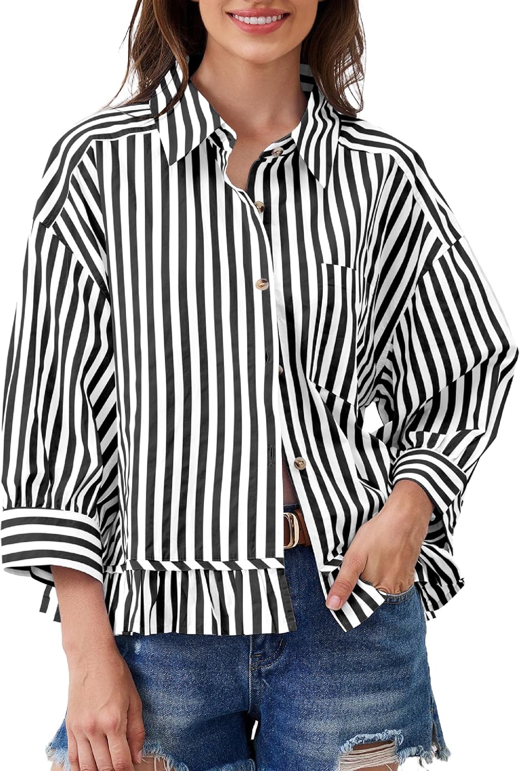 Women Peplum Button Down Shirts 3/4 Length Sleeve Business Casual Tops Crop Striped Oversized Shirts Blouses Tops - Image 4