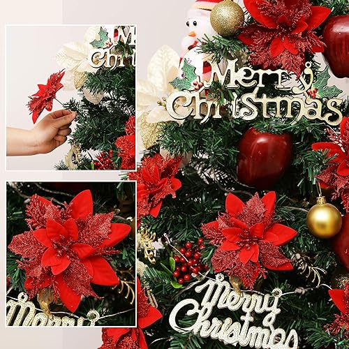 Miniatura 94 de GREENTIME 12 flores de Pascua artificiales azules con purpurina de 5.5 pulgadas, flores de Navidad con clips, tallos de Navidad, adornos para árbol