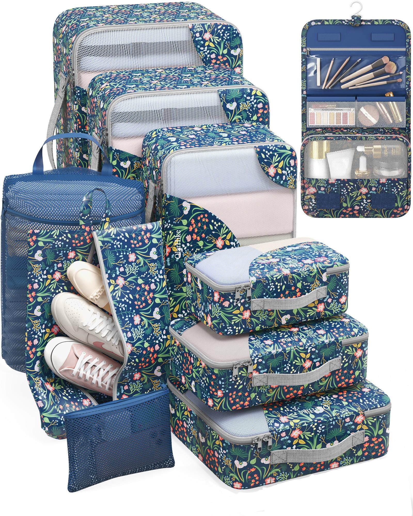 OlarHike Packing Cubes for Travel,Gifts for Women Mom,Anti-Tearing Suitcase Organizer for Luggage with Shoe &amp; Hanging Toiletry Bag,Vacation Essentials &amp; for Cruise Ship,10 Set,Dark Blue Floral