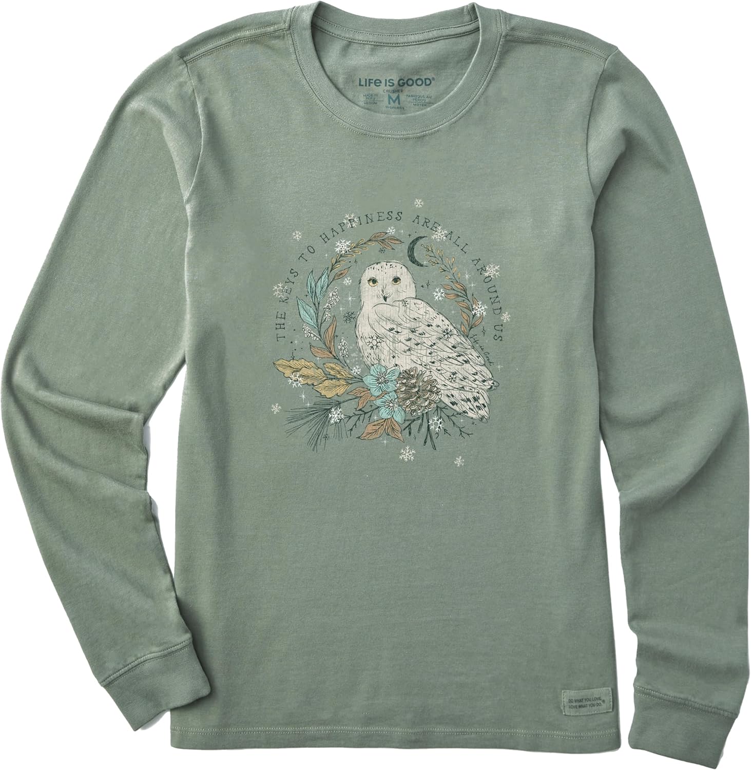 Life is Good Womens Crusher Tee Shirt, Long Sleeve Cotton Graphic T-Shirts, Key to Happiness Snowy Owl
