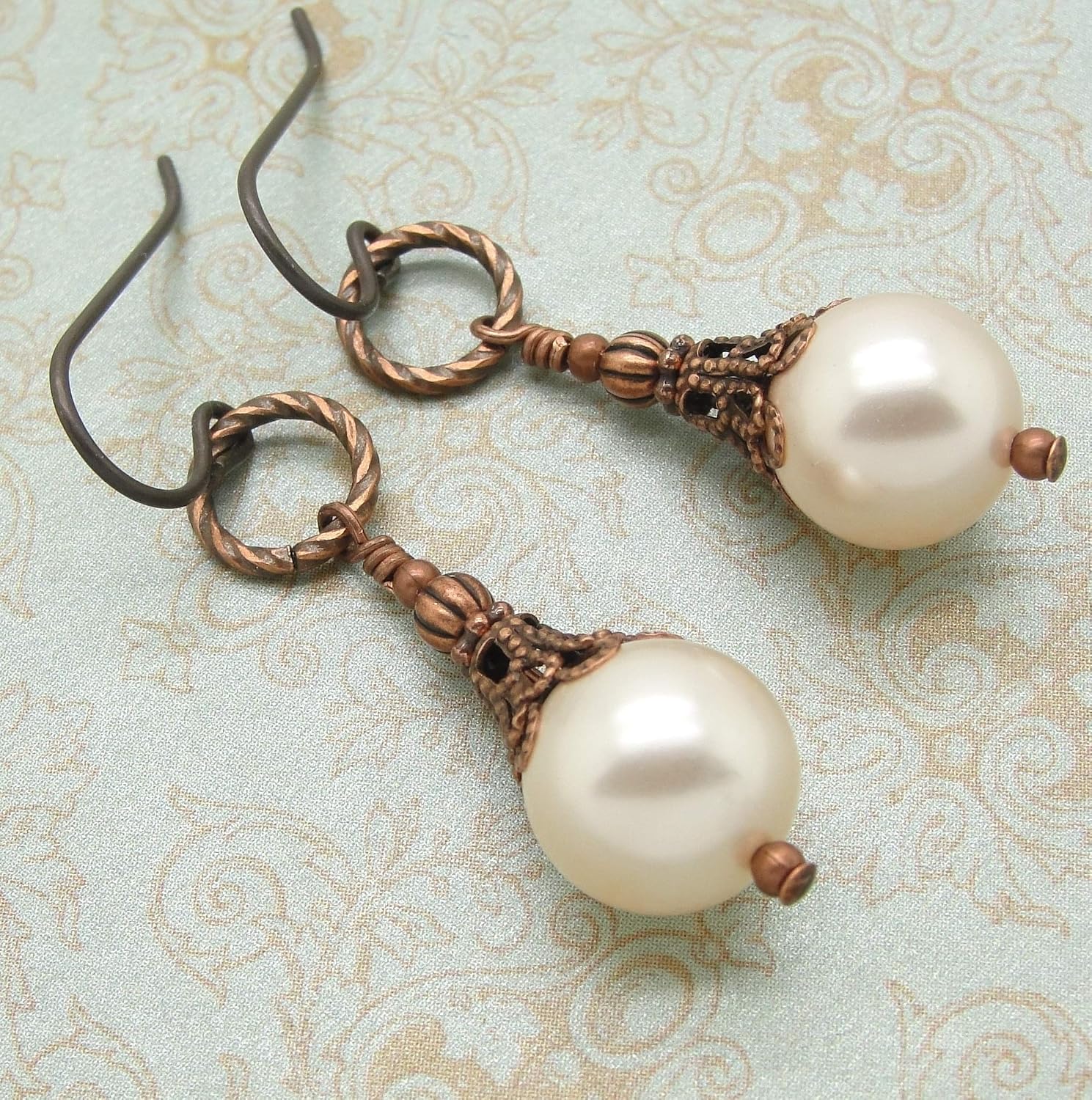 Romantic Victorian Earrings in Simulated Pearl with Antiqued Copper
