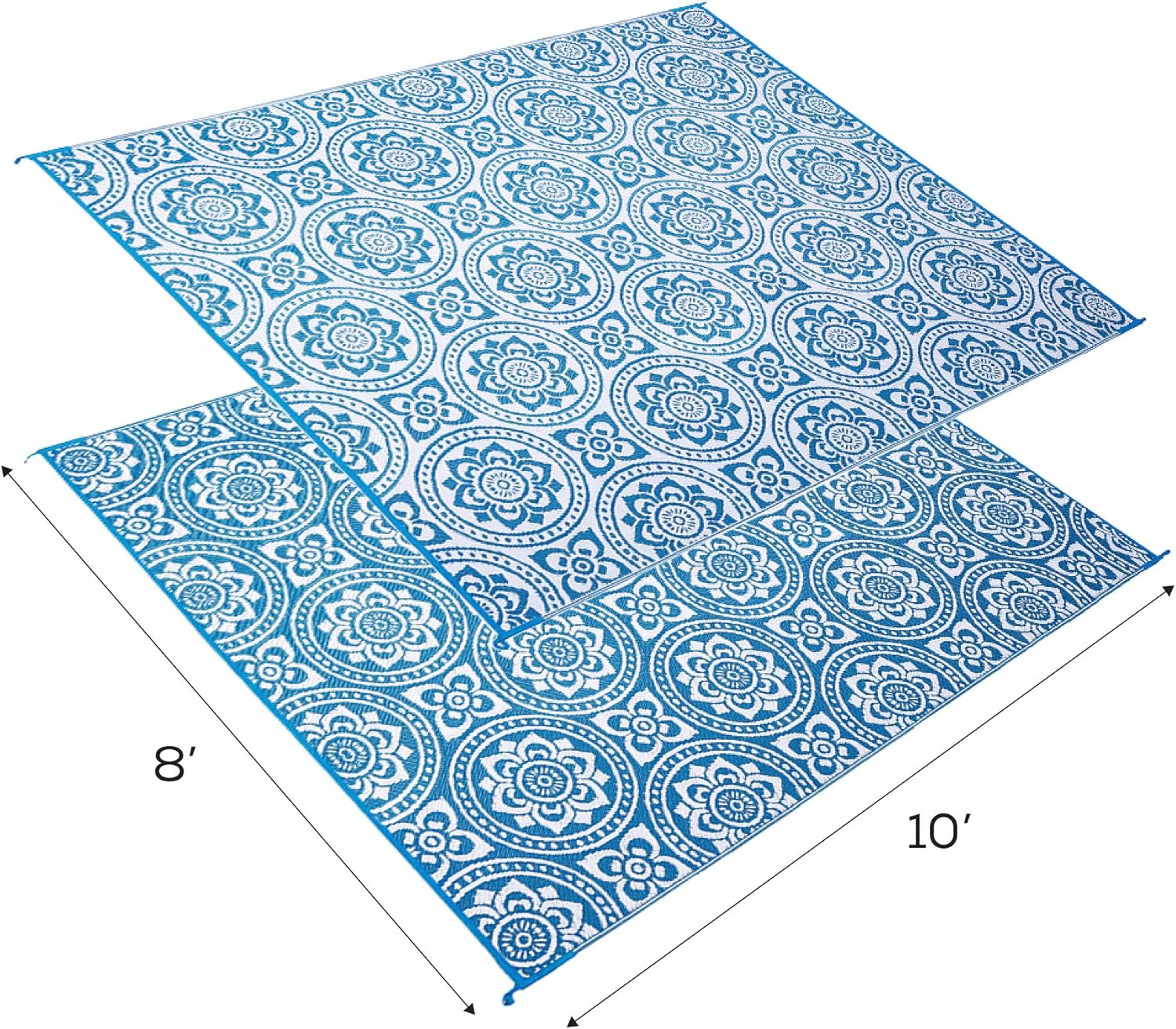 Reversible Mats Outdoor Patio Mat – Virgin Polypropylene - Easy to Clean – Perfect for Picnics, Cookouts, Camping, The Beach, and Patio (Boho Design) (8-Feet x 10-Feet, Turquoise/White)