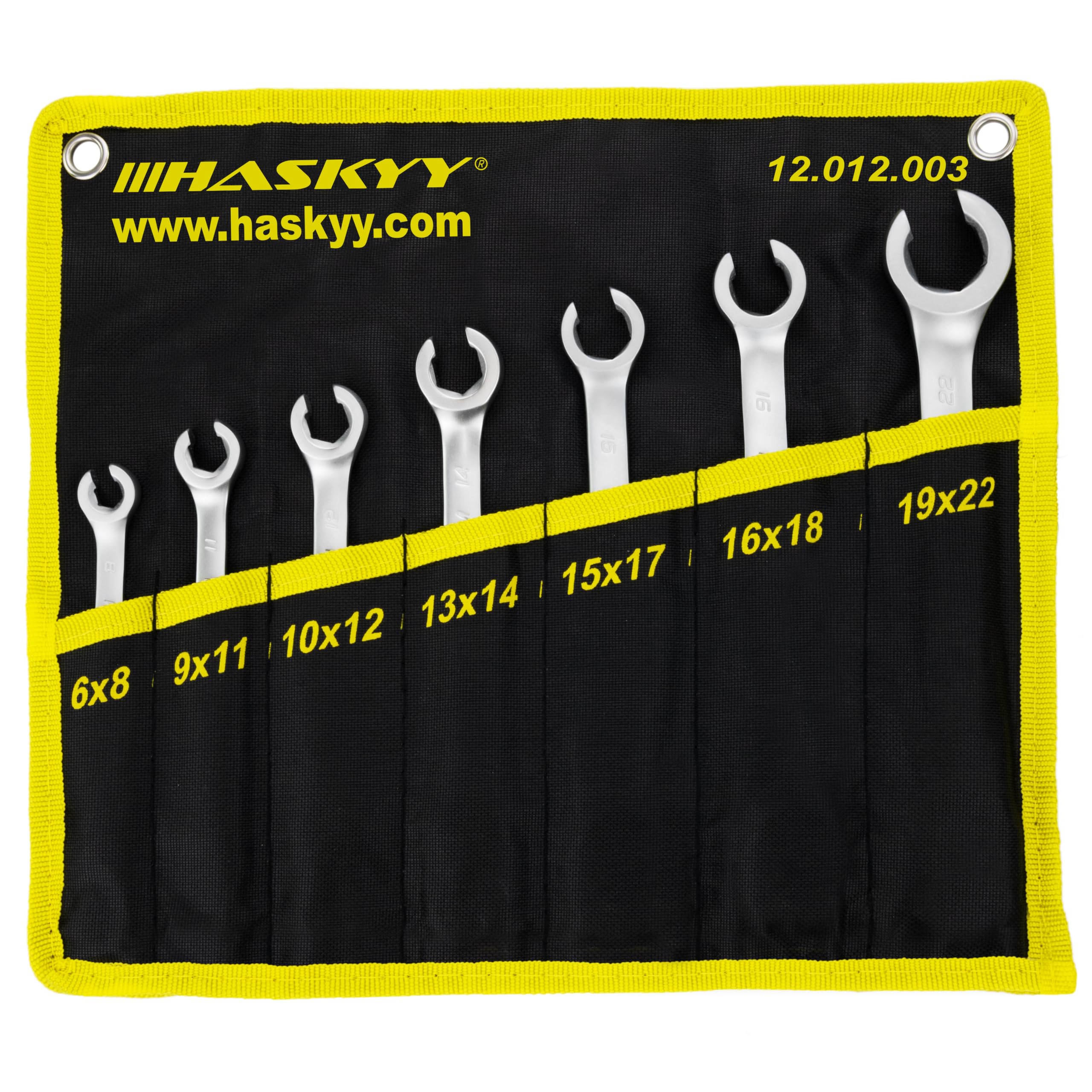 HASKYY Jeu de clés pour conduites de frein Clé à fourche ouverte 7 pces Clé polygonale double 6-22 mm Jeu de clés polygonales coudées à 15° Clé pour conduites de frein