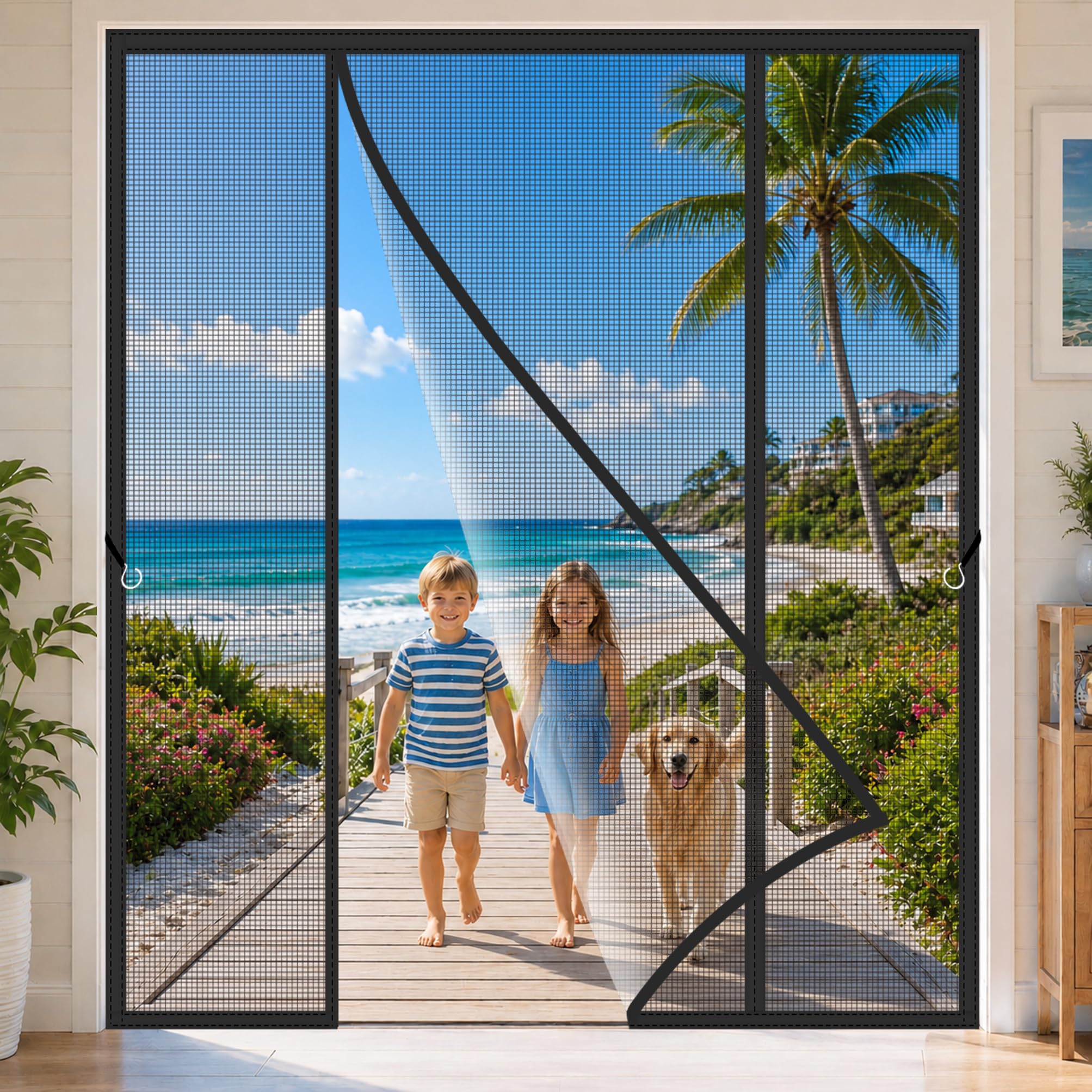 Wide Fly Screen for Double Doors 175x280cm French Door Mesh Curtain Anti Mosquito Mesh Fly Curtain Anti-Tearing Seal Automatically for Homes with Generous Garden Access and Patio Doors Black
