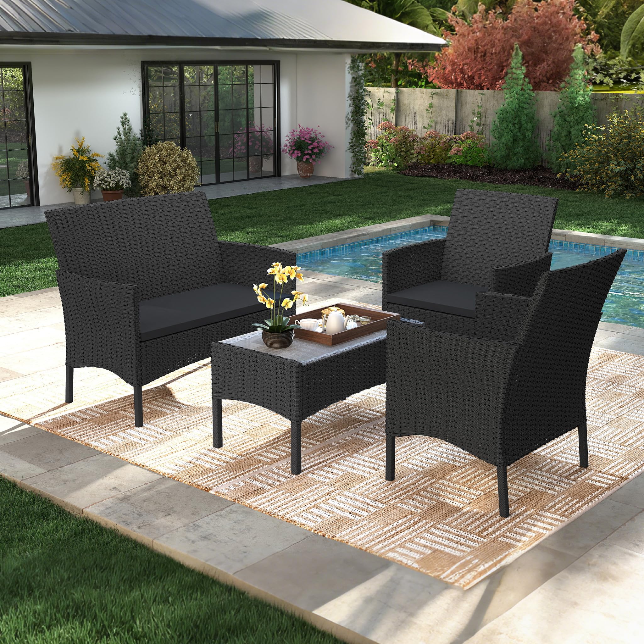 4-teilig Gartenmöbel Set, PE-Polyrattan Lounge Möbel mit 2-Sitzer Sofa, 2 Sesseln & Glastisch, Wetterfest & Pflegeleicht, Sitzgruppe für Balkon, Terrasse, Poolbereich, Anthrazit