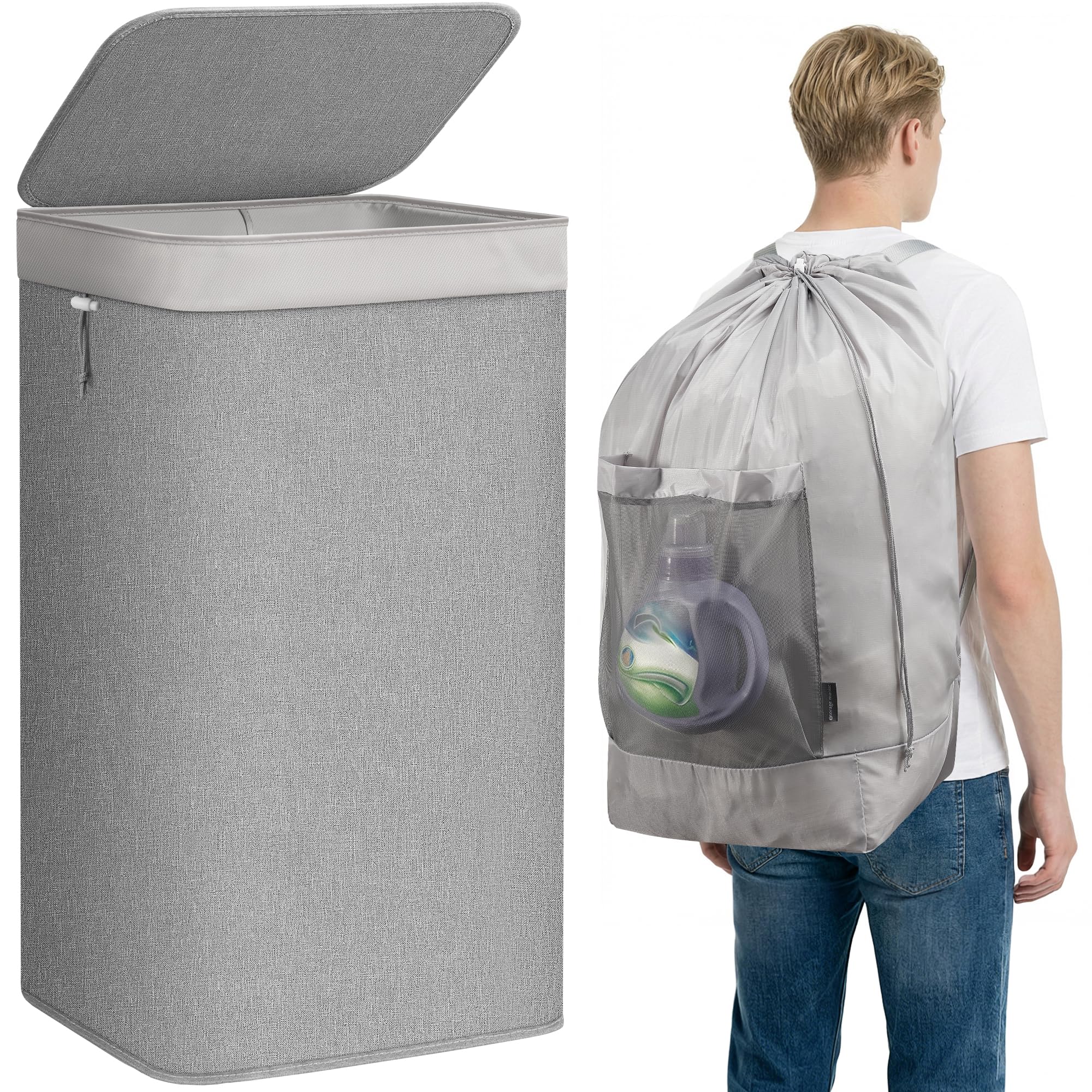 STORAGE MANIAC Cesto portabiancheria 2 in 1 con borsa per la biancheria, 90 l, con struttura in metallo, borsa per vestiti sporchi, con spallacci e tasca in rete, per università, viaggi, lavanderia