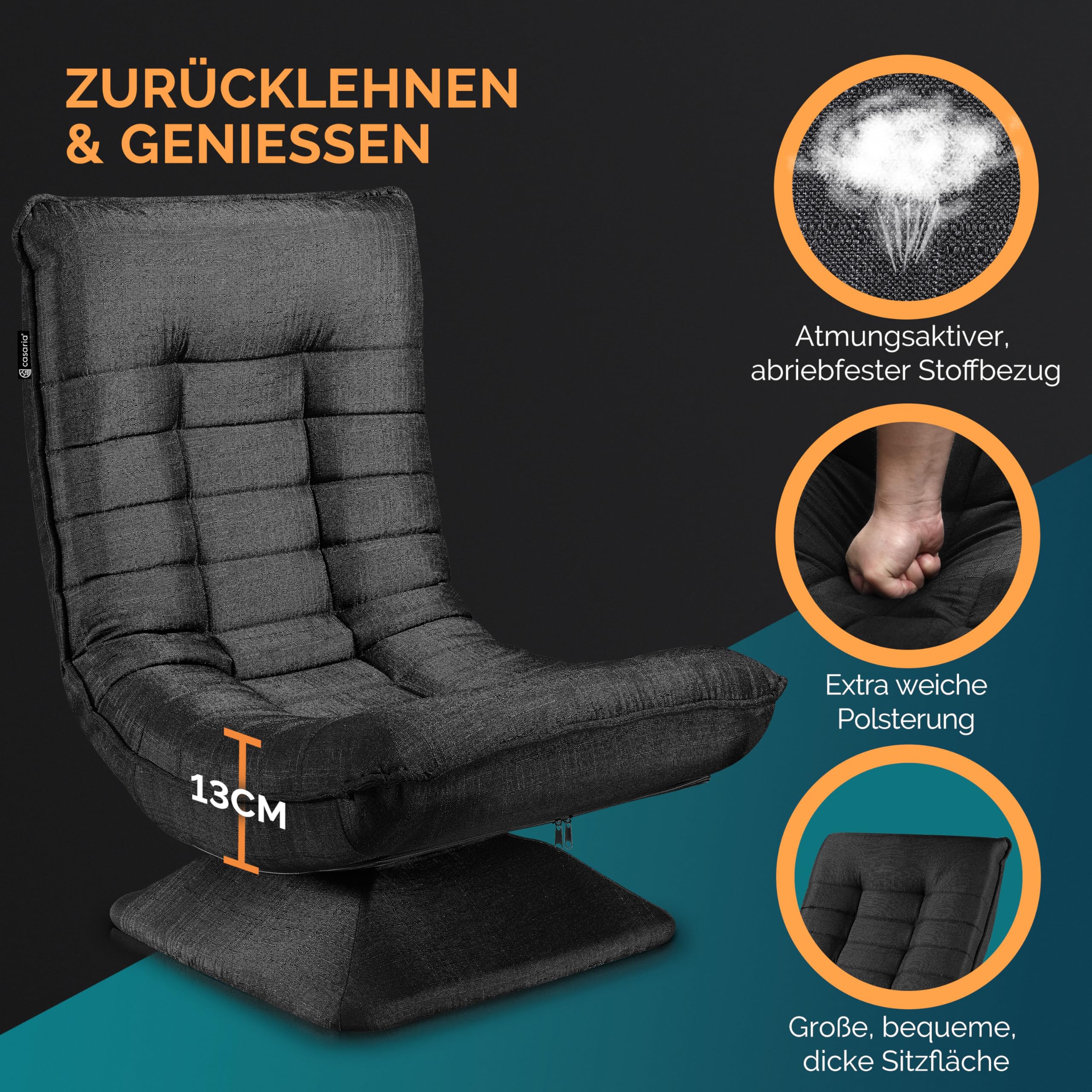 Casaria® Sessel verstellbare Rückenlehne 360° Drehbar Klappbar 150kg Belastbarkeit 60x105x87cm Gepolstert Wohnzimmer Gaming Relax Boden Lounge Sessel Schwarz