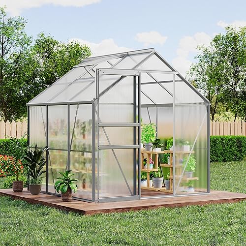 Garvee 6 x 6 FT Outdoor Greenhouse, Polycarbonate Greenhouses with Aluminum Frame, Sliding Door, Adjustable Roof Vent for Backyard, Green Houses for Outside Garden Backyard, Patio, Silver