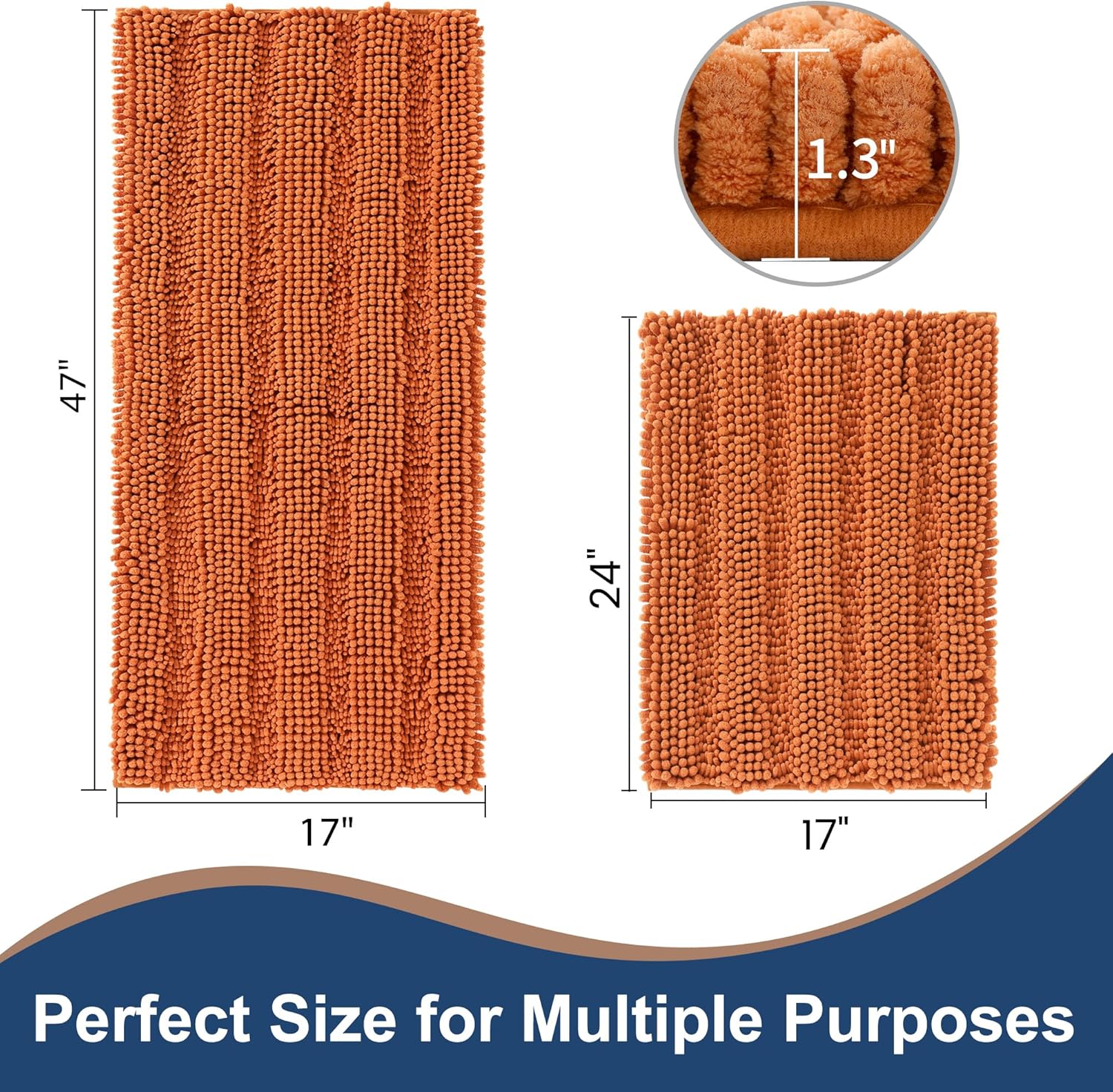Non Slip Thick Shaggy Chenille Bathroom Rug Sets 2 Piece, Thickened Hot Melt Rubber Bottom Bath Mats for Bathroom, Bath Rugs Quick Dry Machine Washable for Shower (Burnt Orange, 47"x17" Plus 17"x24")