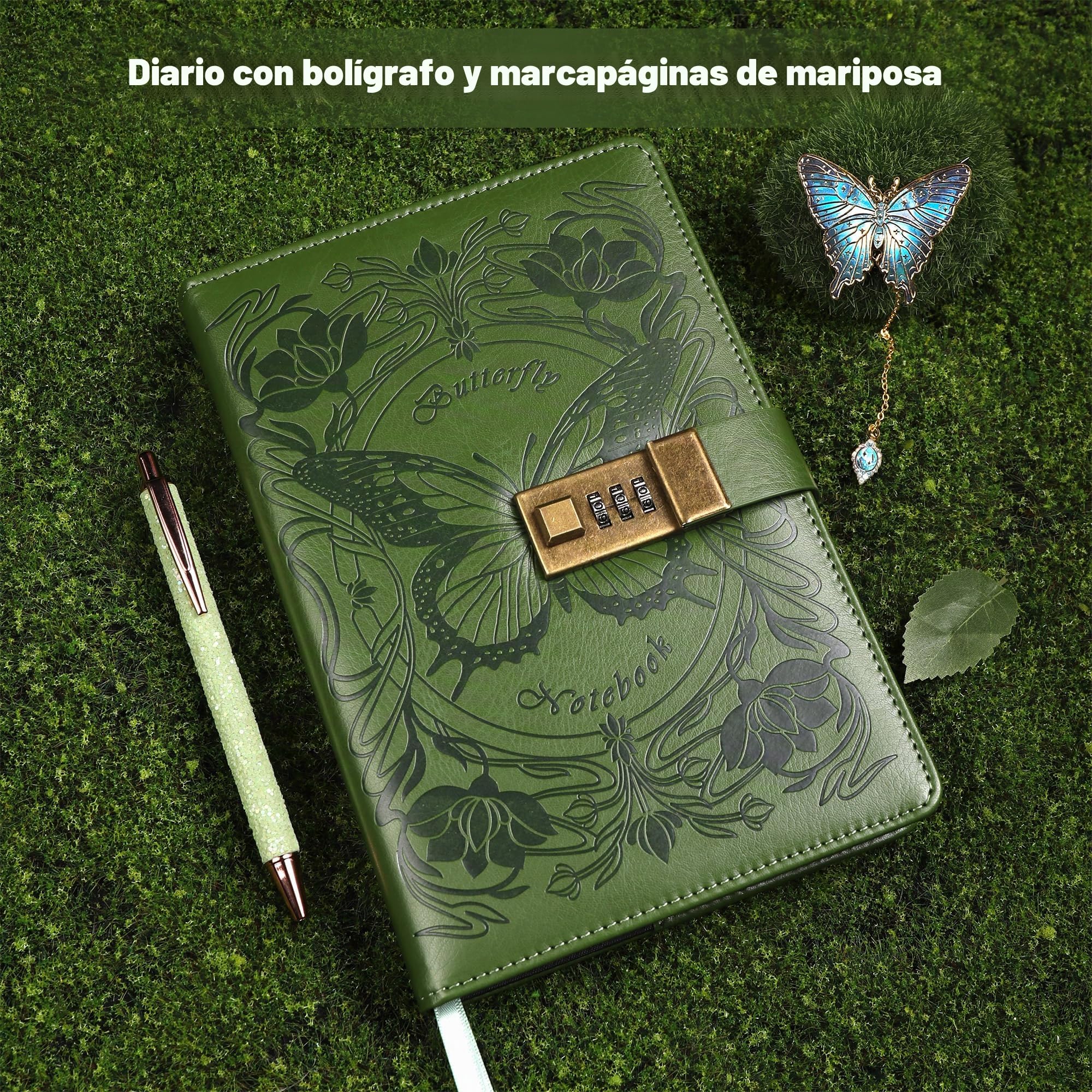 TIEFOSSI Diario con cerradura para mujeres y niñas, diario de rayas con cerradura, cuaderno mariposa con bolígrafo y marcapáginas, diario A5 recargable con cerradura para escribir