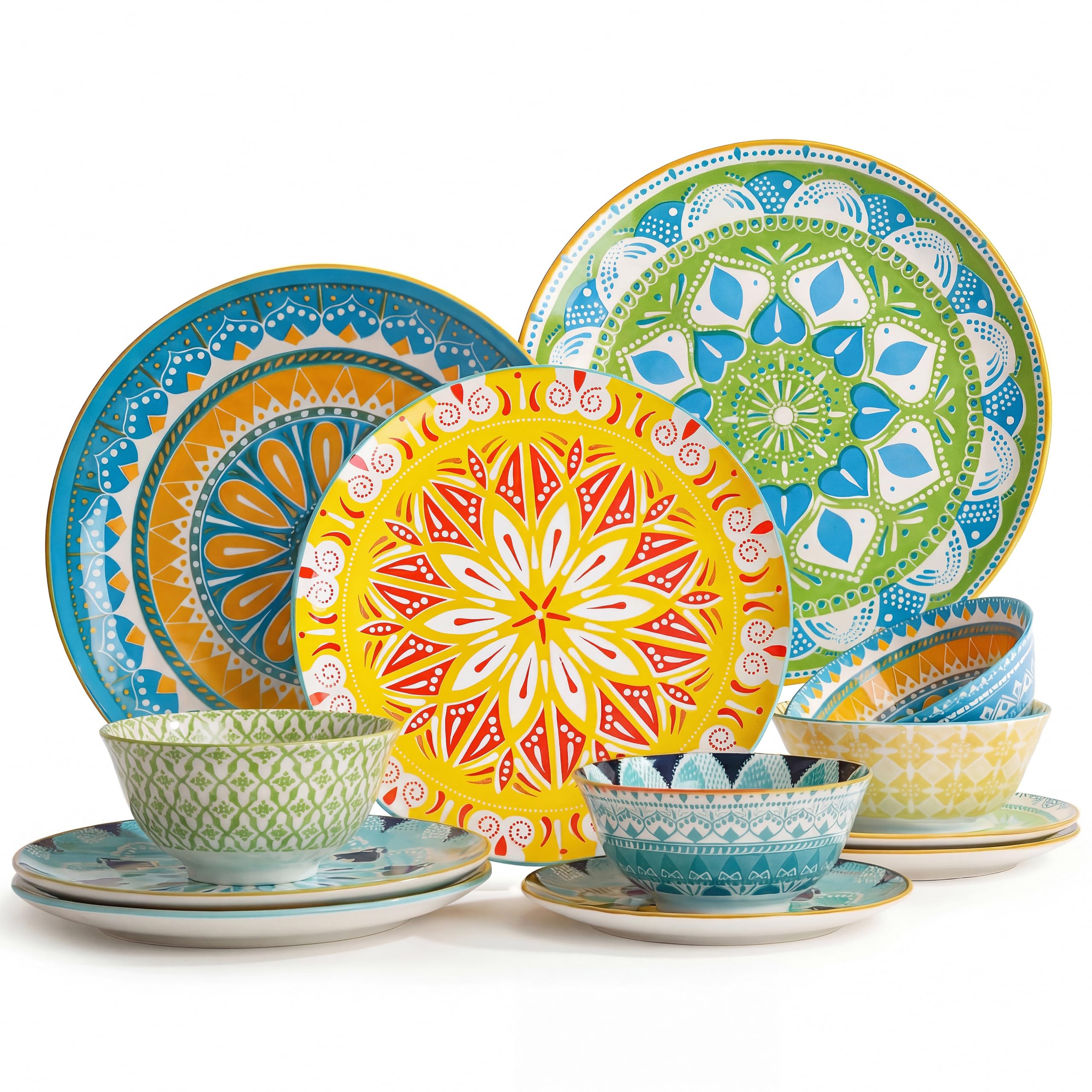 Set di stoviglie con piatti e ciotole, 12 pezzi, in ceramica, set di piatti da cucina moderno, set di stoviglie decorative colorate, ideale per l'inaugurazione della casa, lavabile in microonde,