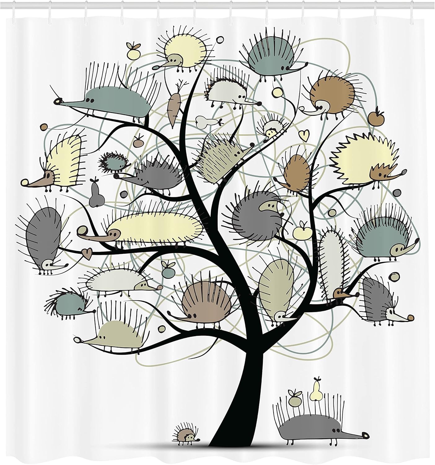 Ambesonne Animal Shower Curtain, Cartoon Drawn Little Hedgehogs on a Tree with Tiny Hearts and Fruits Artwork, Cloth Fabric Bathroom Decor Set with Hooks, 69" W x 84" L, Multicolor