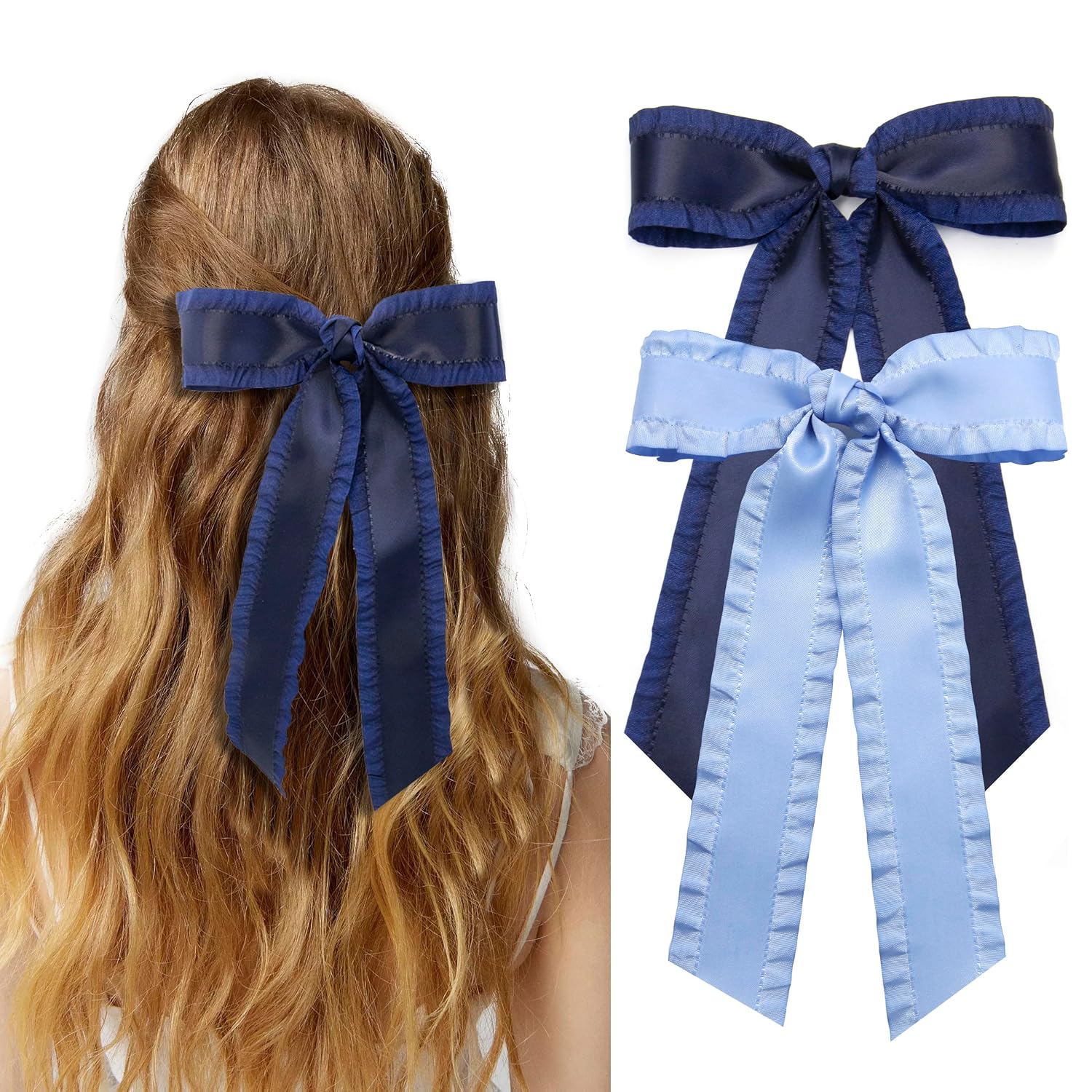 2PCS Hair Bows for Women Girls, Light Purple Sky Blue Bow for Hair Slides Metal Clips Cute Ruffled Edge Satin Ribbon Accessories for Toddlers Teens Kids image 3