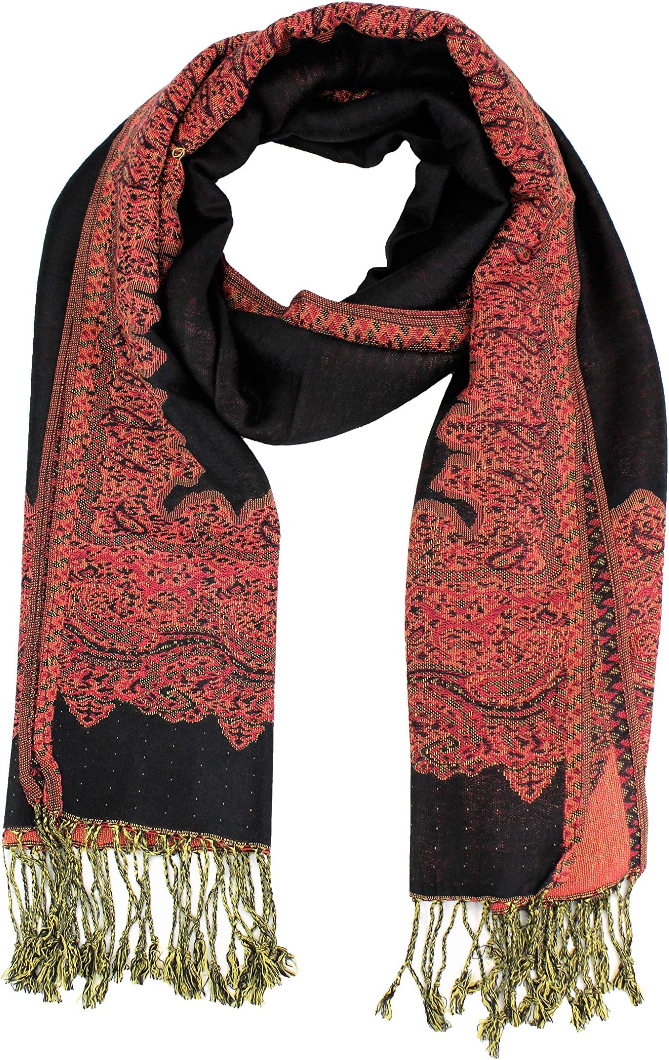 PASKMLNA Border Pattern Double Layered Reversible Woven Pashmina Shawl Scarf Wrap Stole