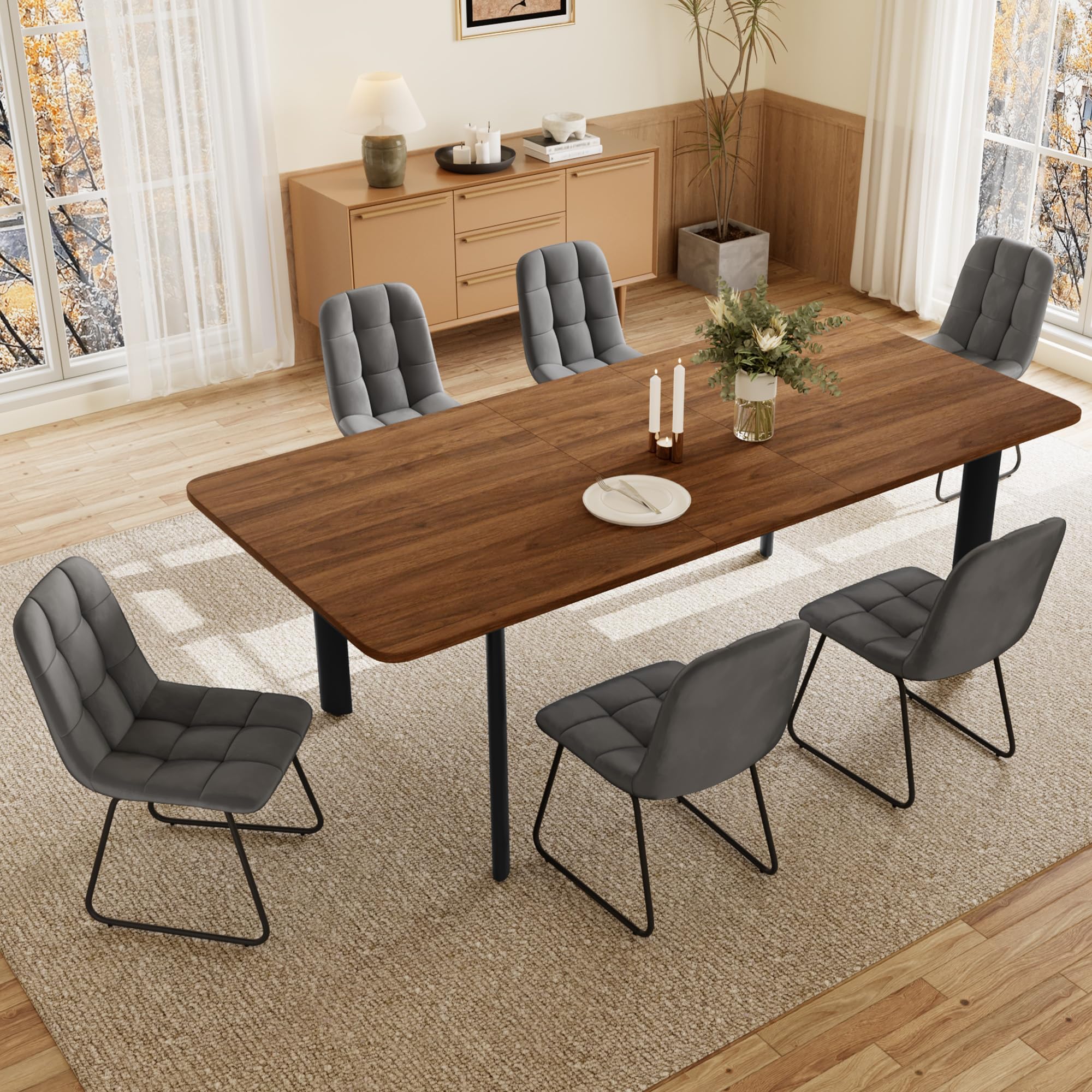 JIEXI Essgruppe Tisch Ausziehbar mit 4-8 Stühlen, 160-200cm Walnuss + 6 Grau