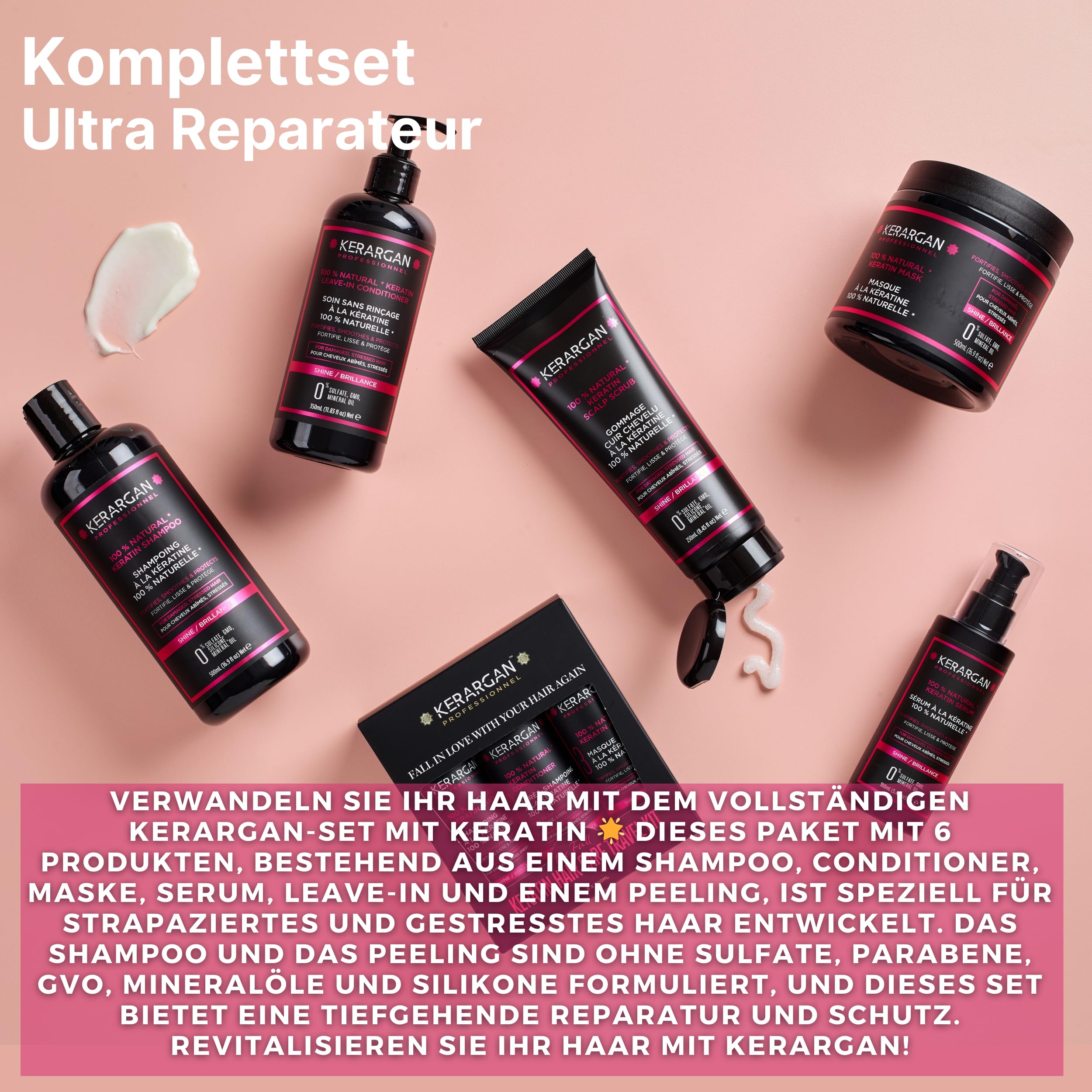 KERARGAN - Keratin 6er Haarpflege-Set Komplett - 3x500ml+100ml+350ml+250ml | Shampoo, Conditioner, Haarmaske, Haarserum, Leave-in Pflege und Kopfhautpeeling, komplette Reparaturroutine