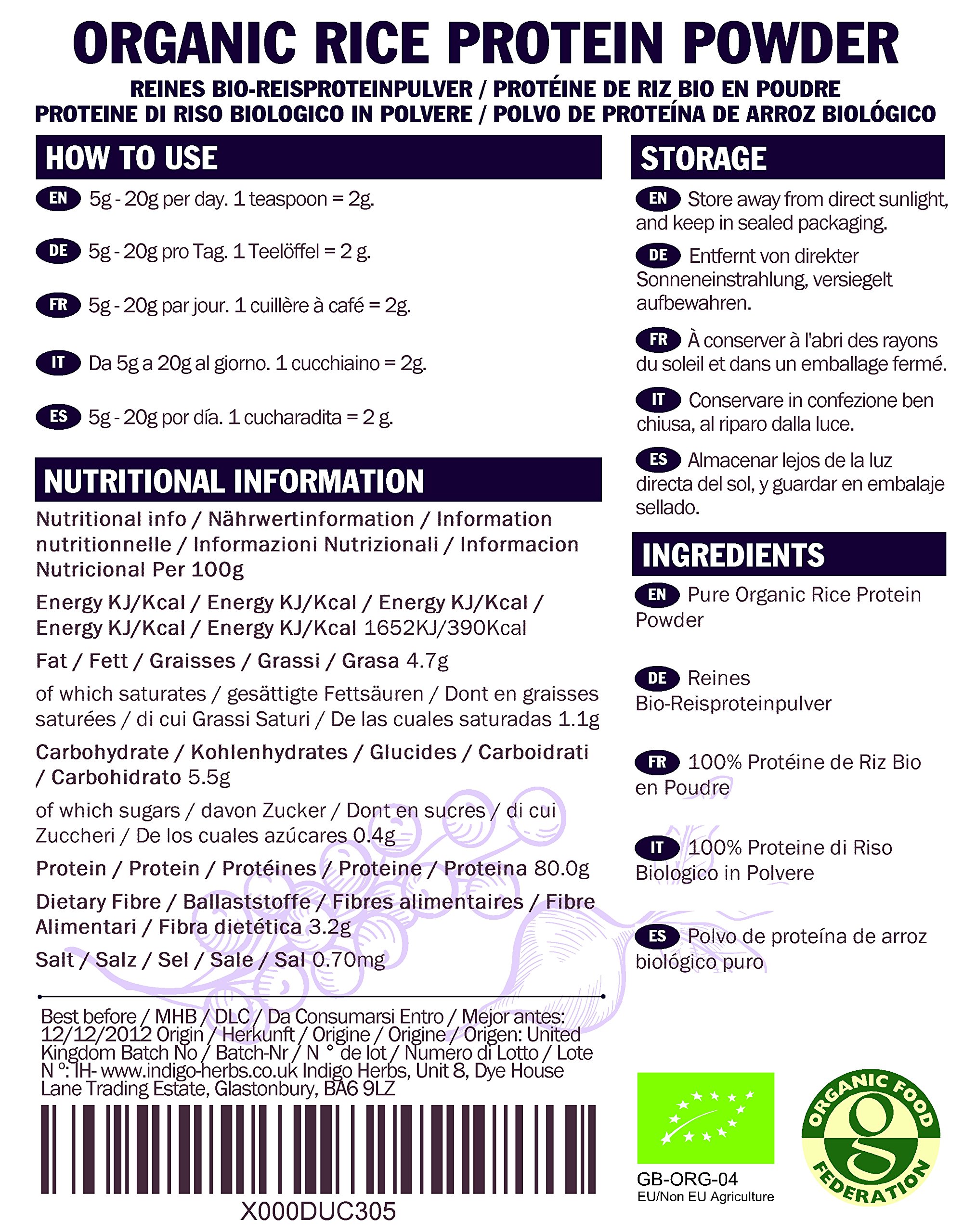 Indigo Herbs Proteine di Riso Biologico in Polvere 1kg