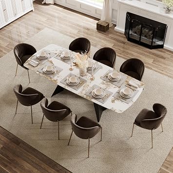 Honyee Sintered Stone Dining Table, Extendable Dining Table with Leaf, 65"-95" Rectangular Marble-Look Top, Seats 6-12, Metal Base, Easy-Clean, Heat & Scratch Resistant for Dining Room/Kitchen