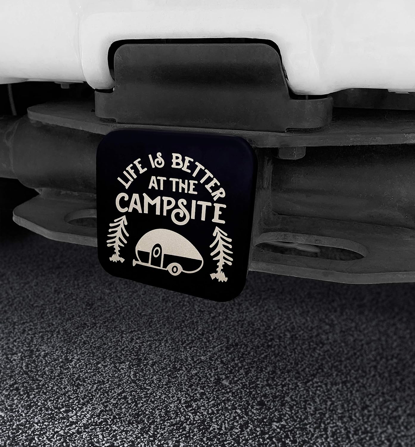 Camco Life is Better at The Campsite Hitch Receiver Cover | Protects Your Trailer Hitch Receiver from Debris, Dirt, Water and Rust | Life is Better at The Campsite Sketch Logo, Black/Silver (53410)