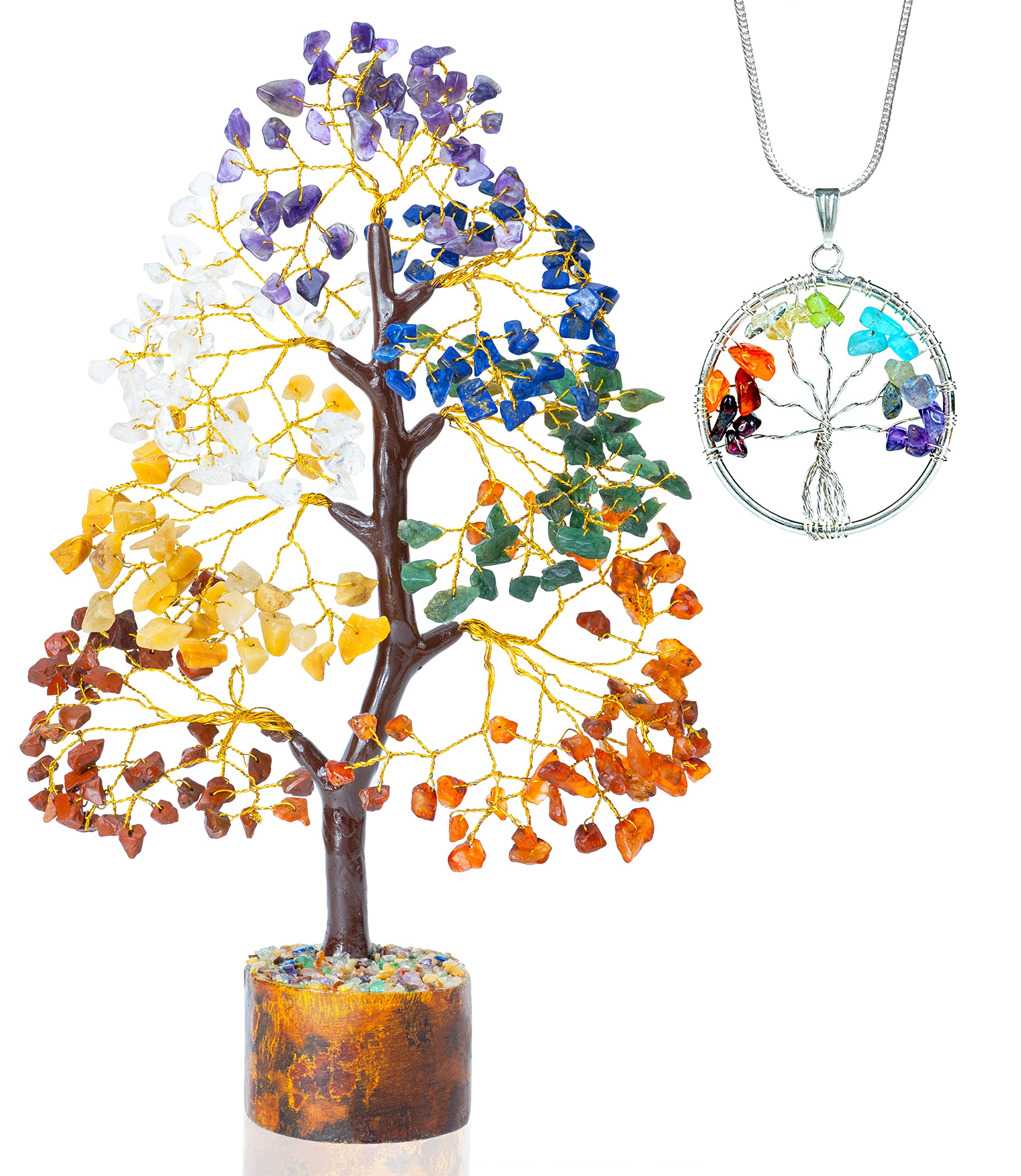Tree of Life 7 Chakra Crysal Tree, Gemstone Handmade Reiki Healing Tree for Home & Office Decor with Pendant for Chakra Balancing Feng Shui Money Bonsai Gems Tree, Good Luck Housewarming Gift