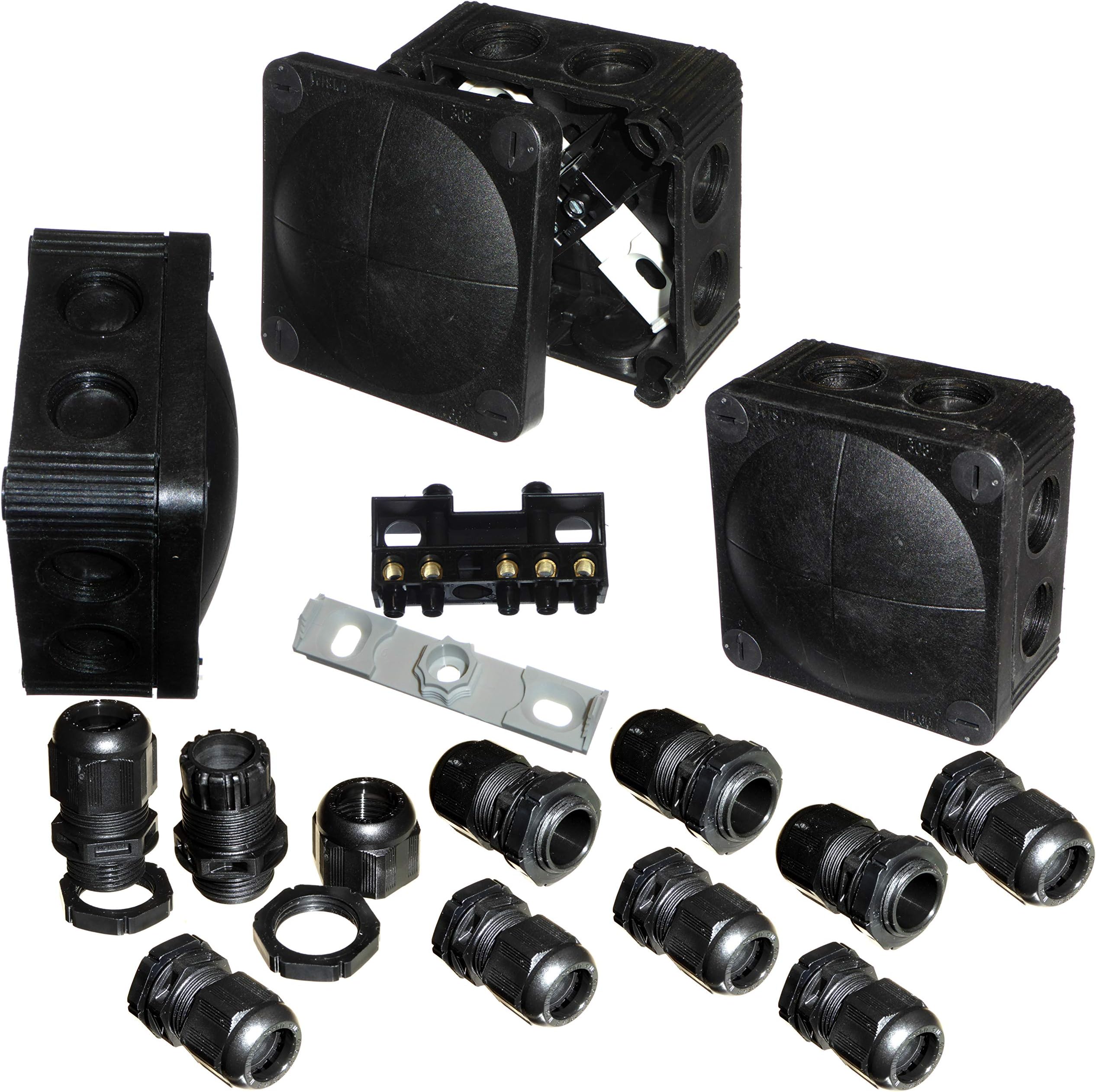 3 x Black Wiska 308/5 Combi Junction Box with Pack of 10 x GLP20+ IP68 Cable Glands Outside Wiring